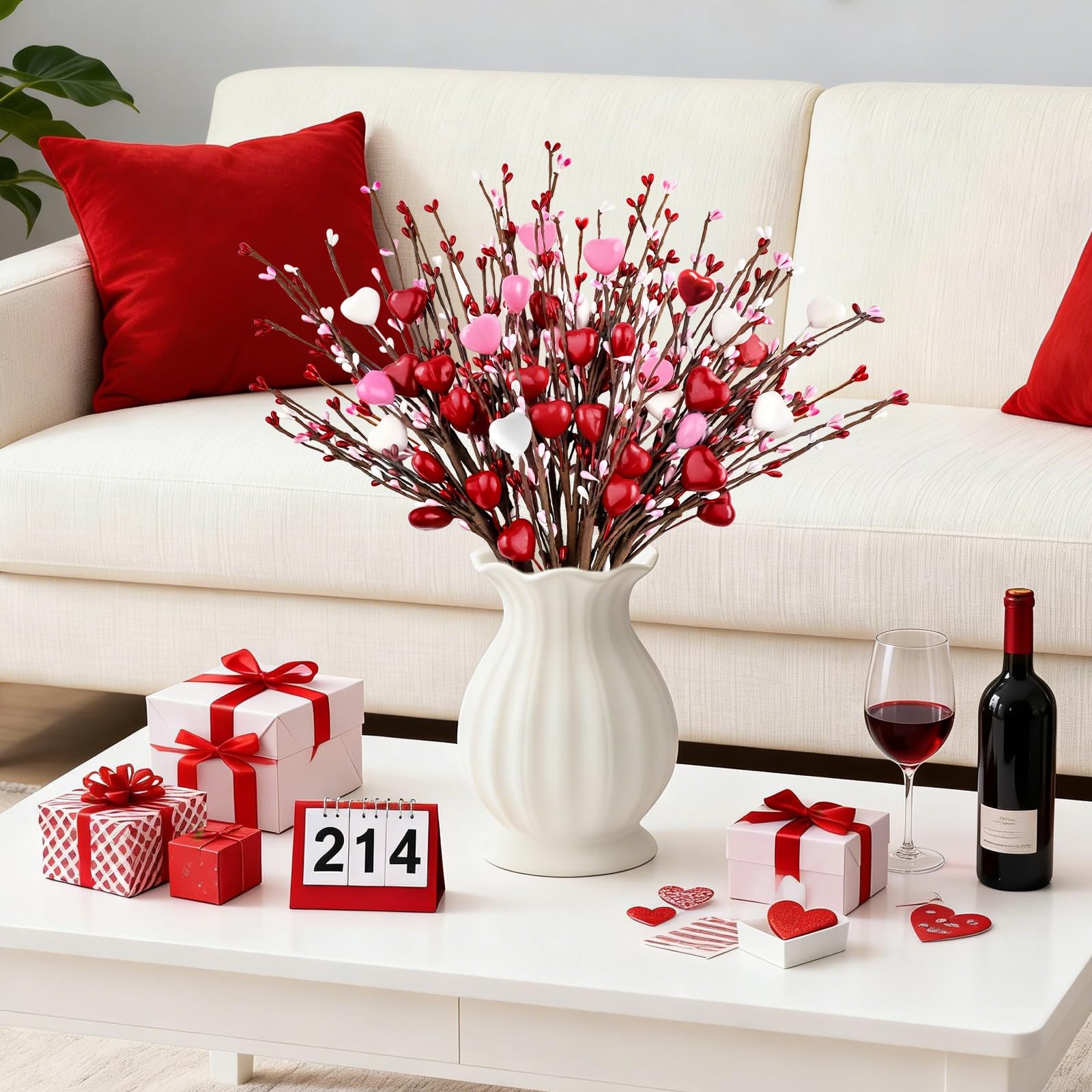 6 PCS Valentine Decor Red Pink White Heart Shaped Berry Picks 17 Inch Flowers