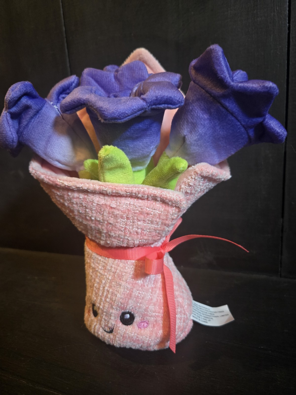 Amusables Bouquet of Flowers Plush Forever Bouquet Purple Blooms Pink Wrap Smile