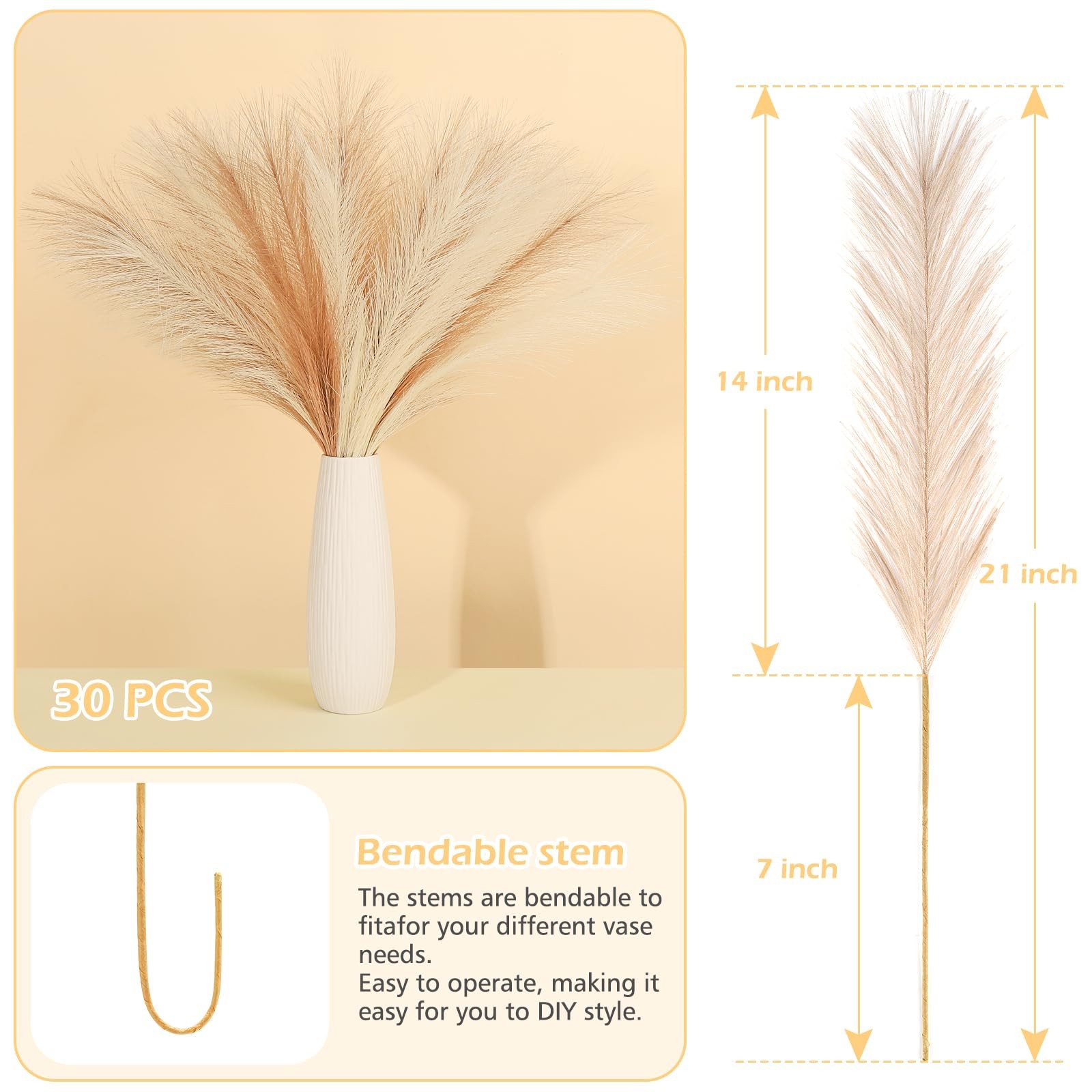 30 PCS 21.7 Inch Fluffy Faux Short Brown Pampas Grass Vase Filler Decor
