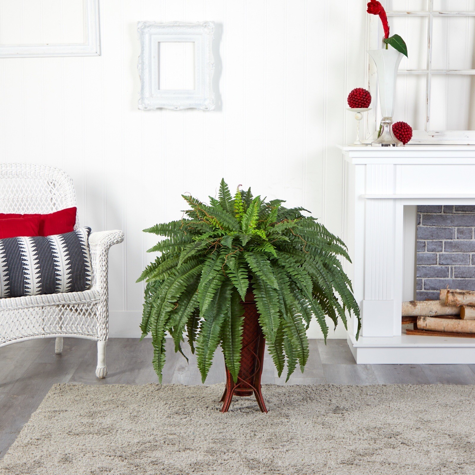 38” Boston Fern Artificial Plant in Decorative Wooden Stand Planter.Retail $214