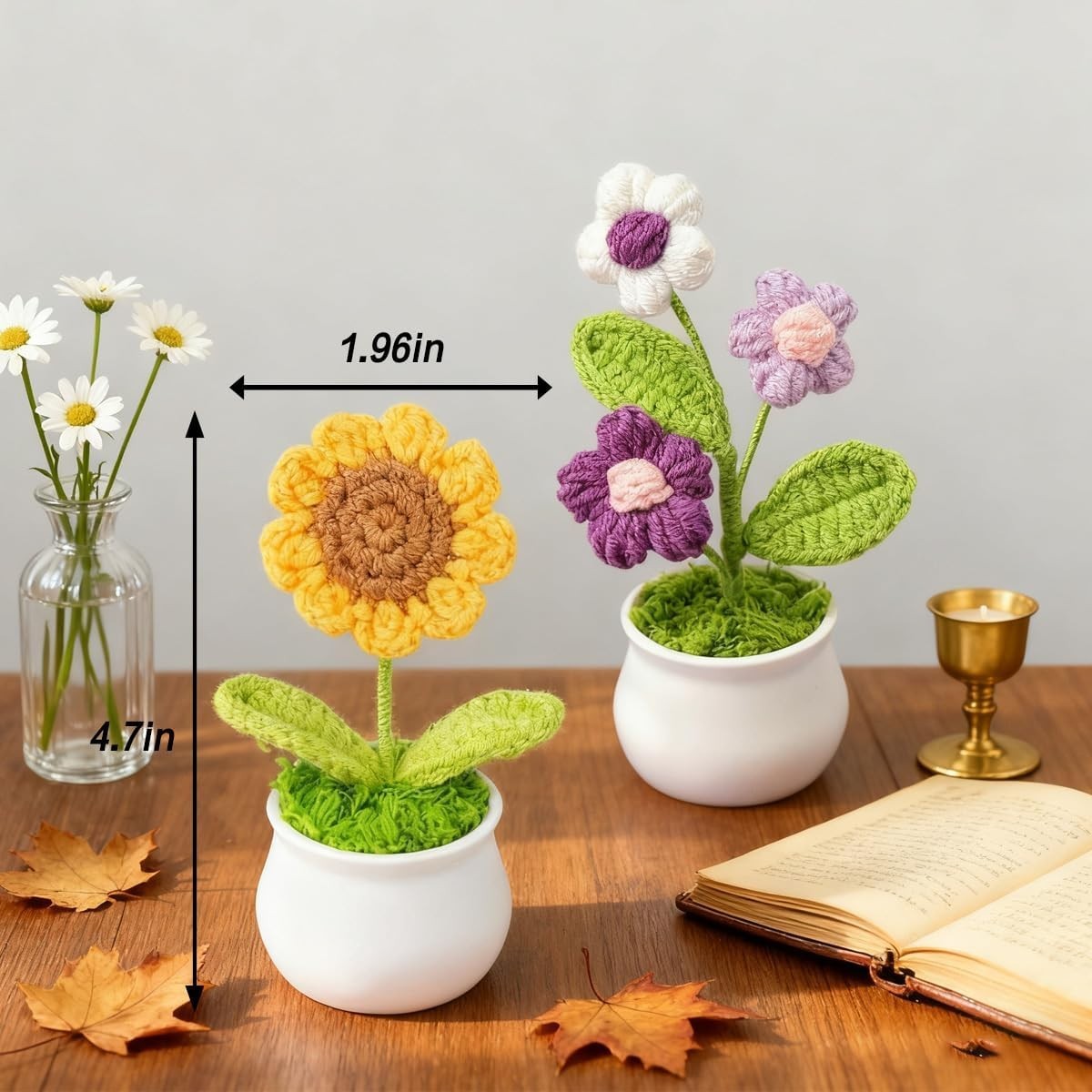 Crochet Flowers, Cute Desk Decor, Handmade Sunflower and Puff Flower Pots, Mini