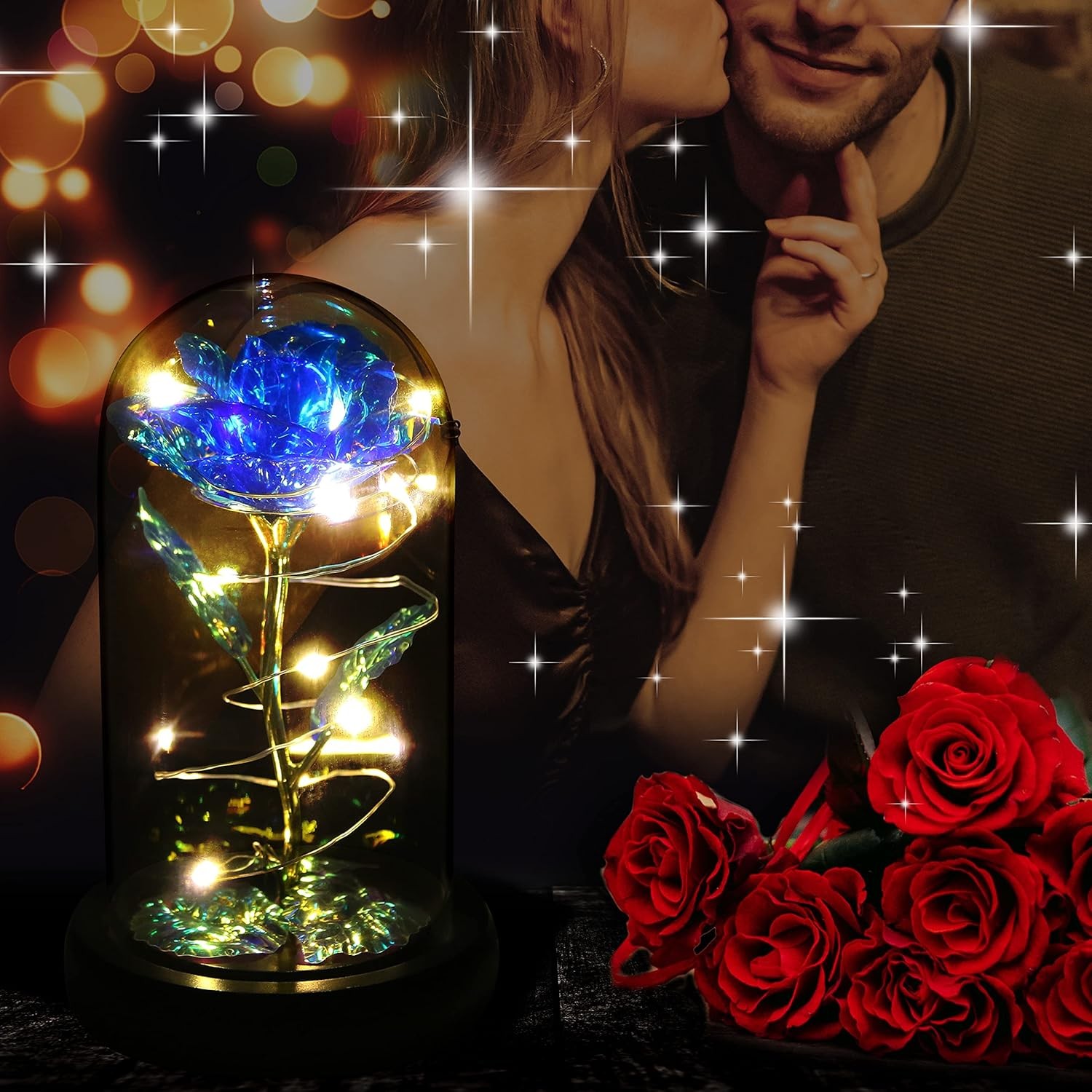 Blue Colorful Artificial Flower Rose Gift, Light up in Glass Dome, Women Gifts