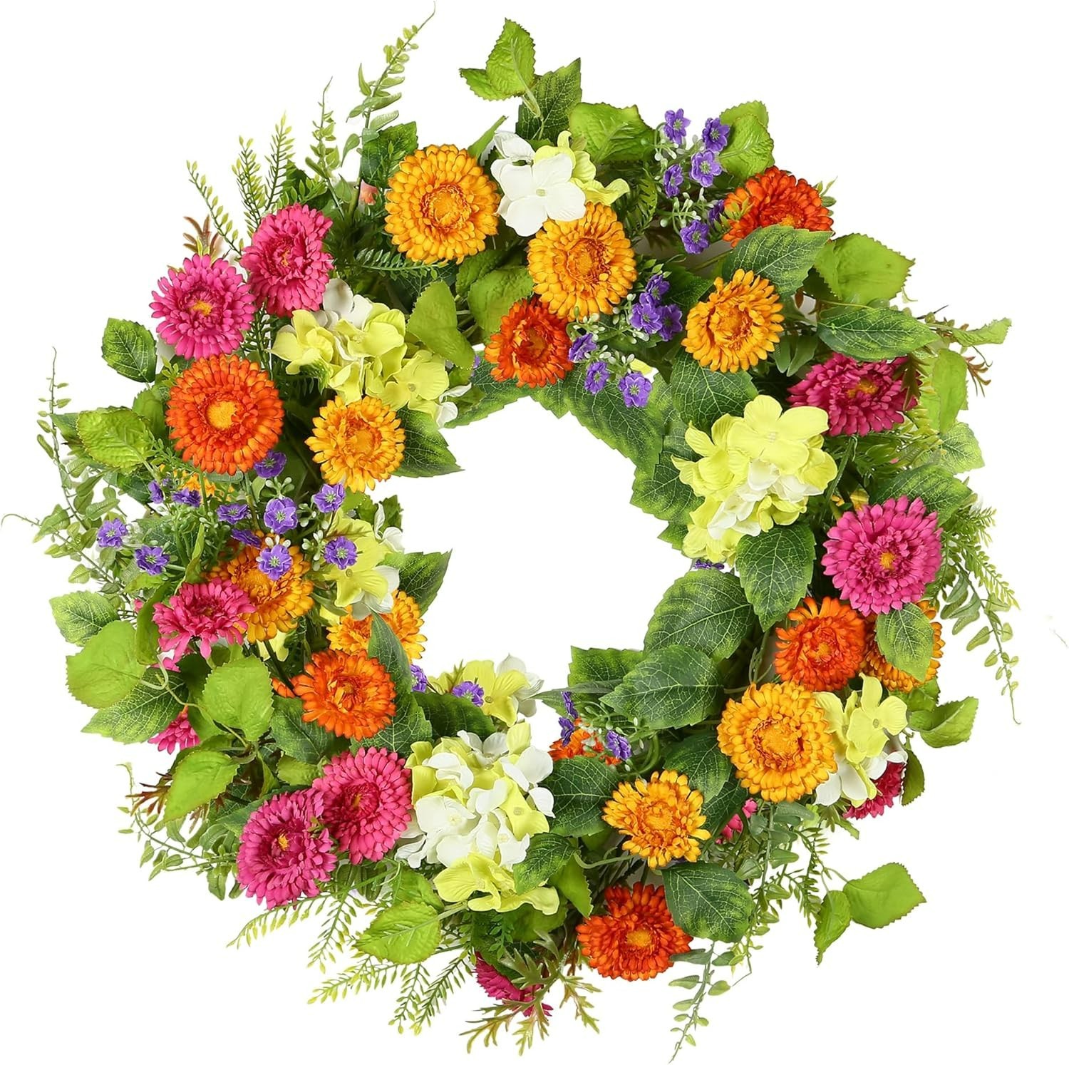 18-Inch Spring Summer Wreath with Colorful Daisies & Green Leaves for Your Door