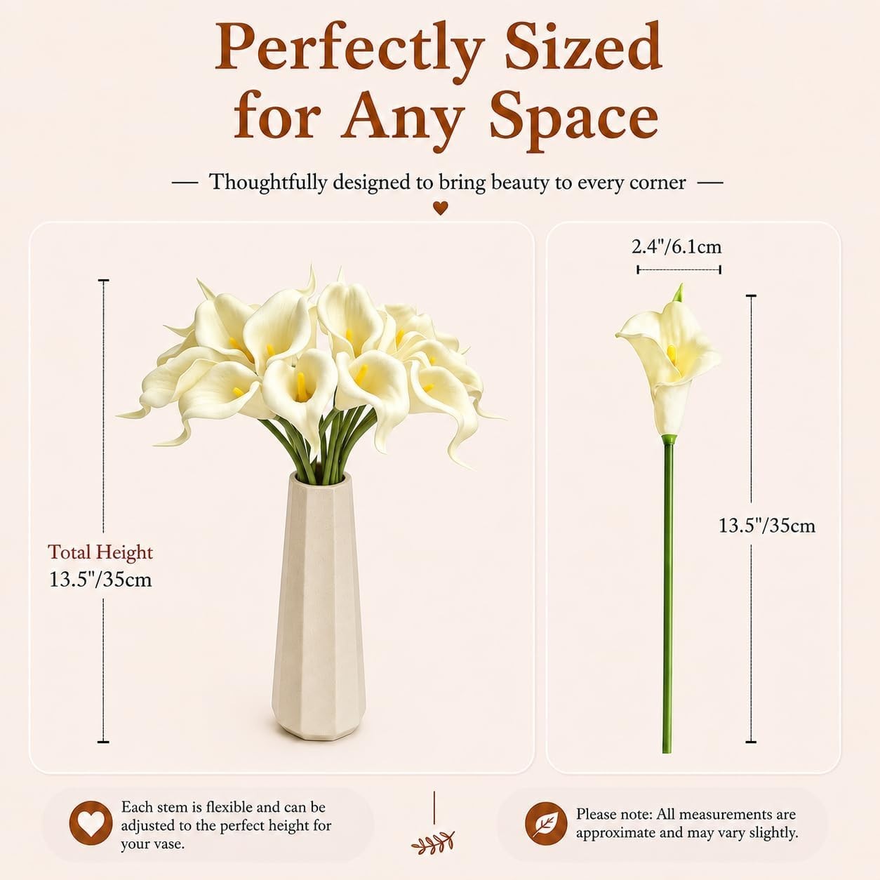 Realistic 20 Cream Calla Lilies – 13.5″ Elegant Floral Bouquet for Home & Events