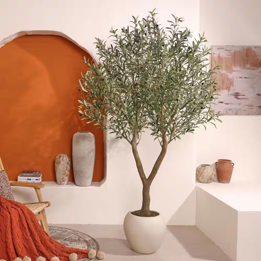 7 Ft. Artificial Olive Tree with White Planter, Fake Olive Silk Tree for Indoor