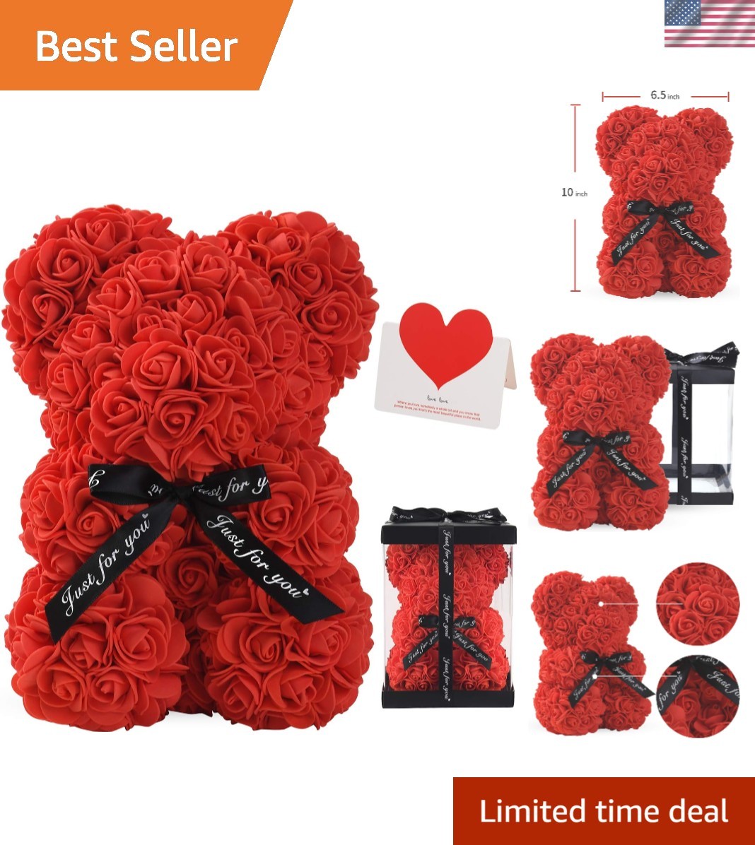 LINKLO Rose Bear Rose Teddy Bear -10 inch Artificial Rose Flower Bear, Gift f…