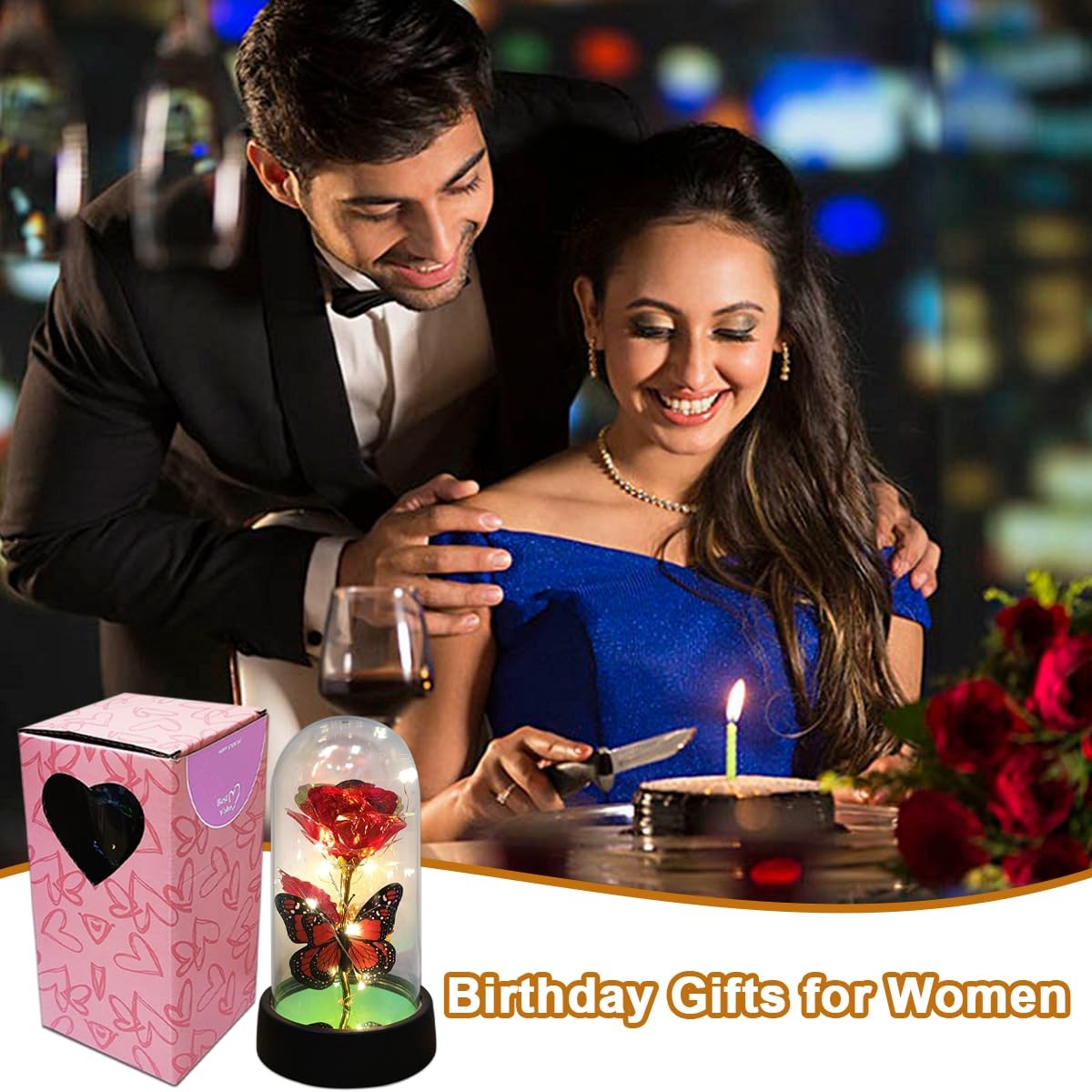 Light Up Forever Eternal Rose Flower in Glass Dome for Birthday Mother’s Day
