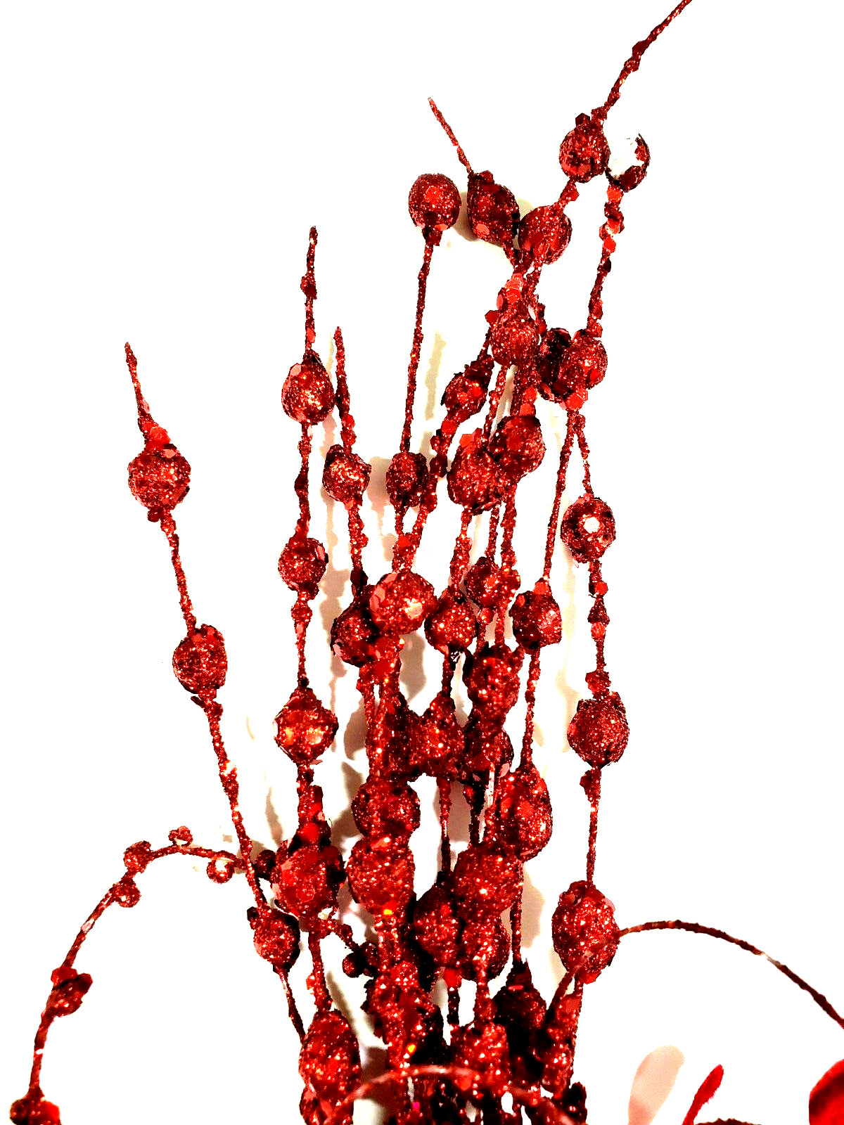 Red Glittered Velvet Leaf & Ball Picks Very Glittery 18″ Tall Set of 7