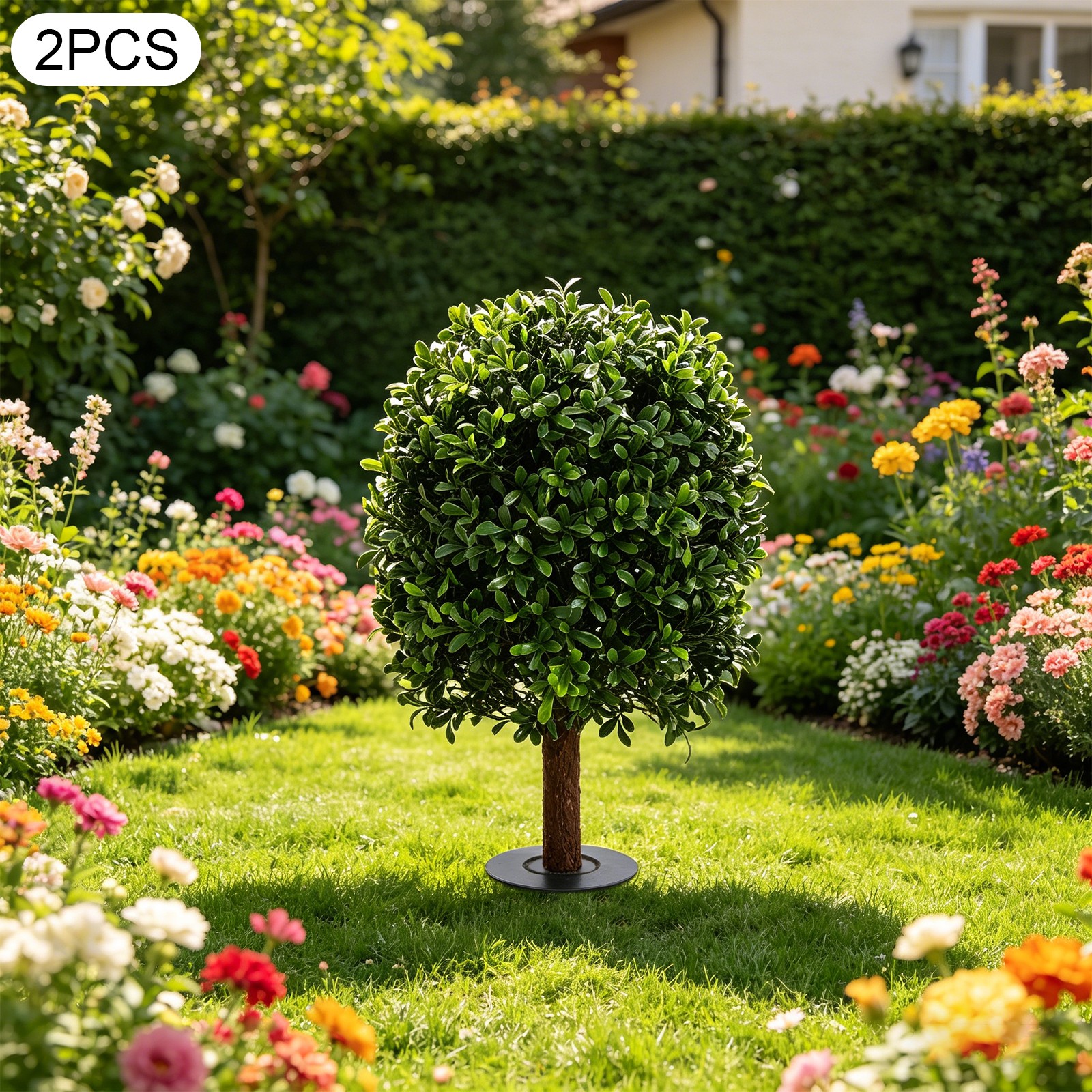 2pcs 27 inch Artificial Boxwood Topiary Ball Trees With Ground Spike UV Material