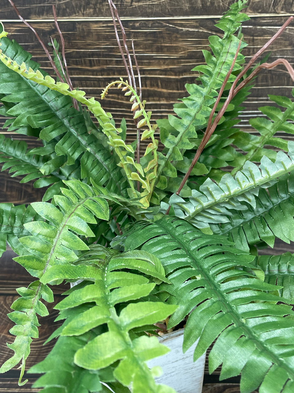 15″ Potted faux Boston Fern Silk plant in White wood box – Home Decor