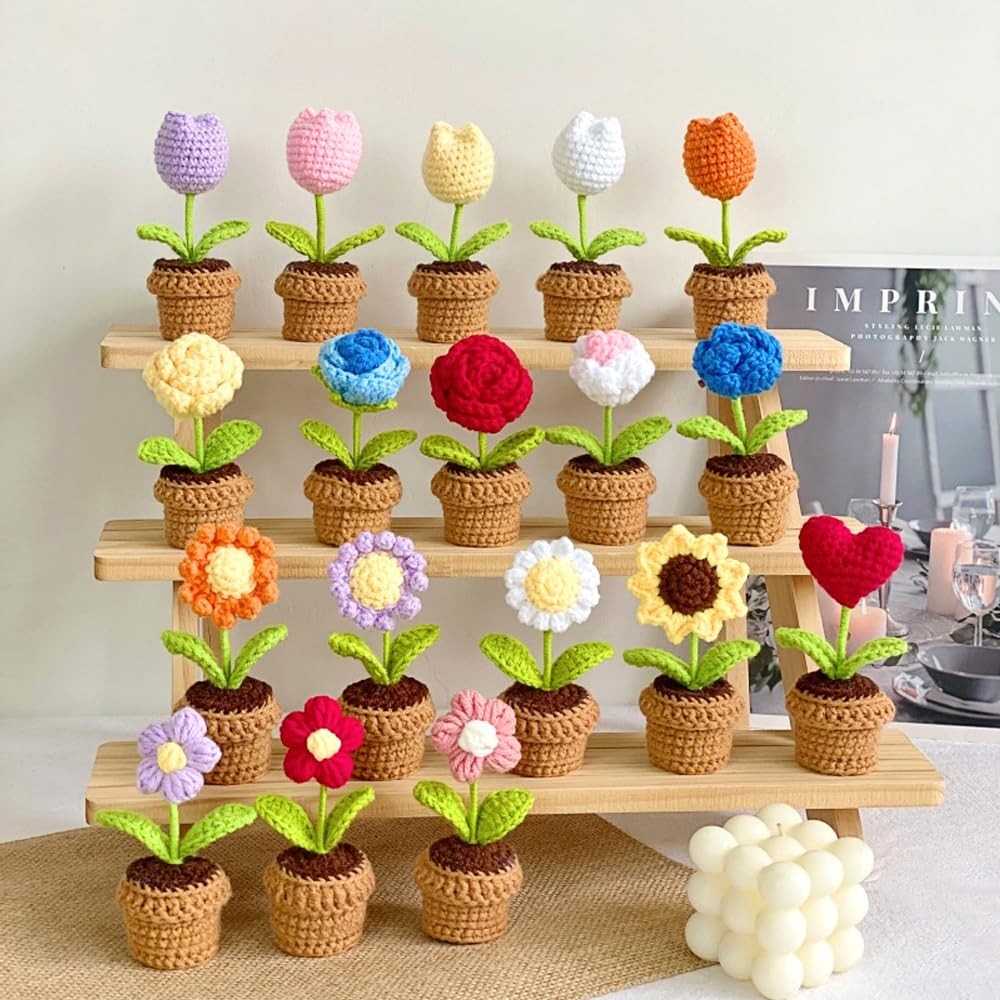 Cute Knitted Flower Plant, Kawaii Handmade Crochet Flowers,Small Potted Artif…