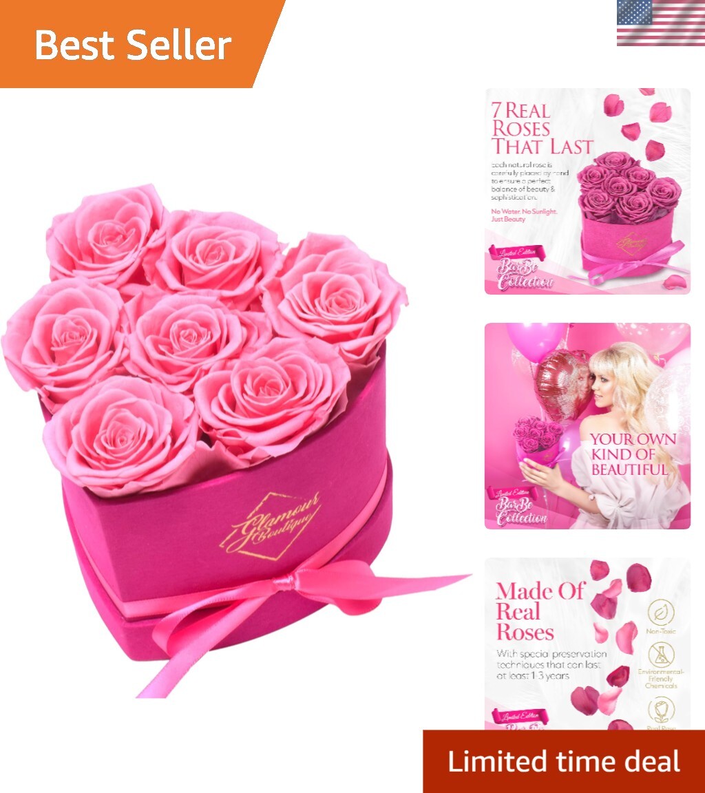 Luxurious 7-Piece Heart-Shaped Velvet Pink Flower Box – No Maintenance Required