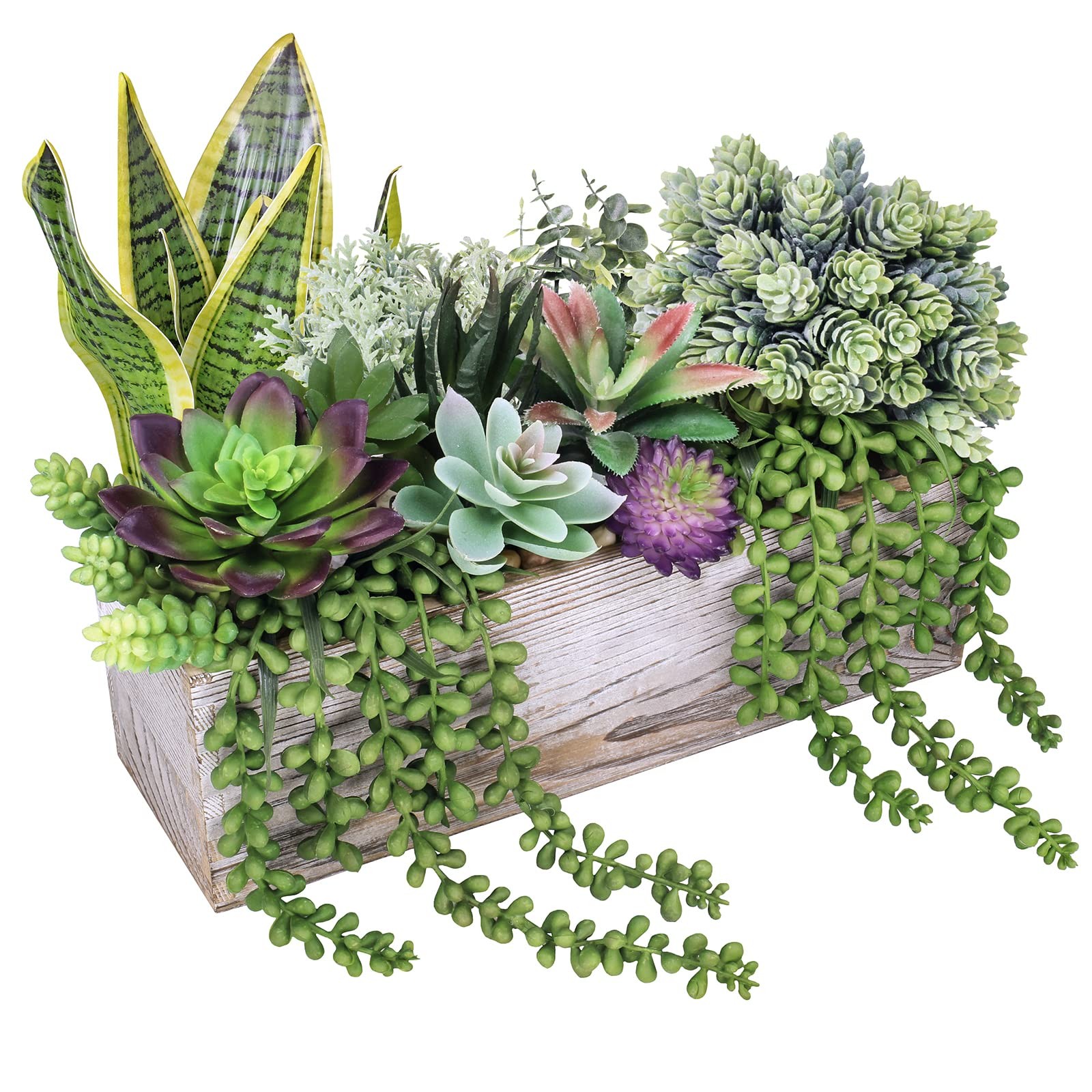 14 PCS Assorted Artificial Succulents Fake Plants Rectangular Wooden Pots