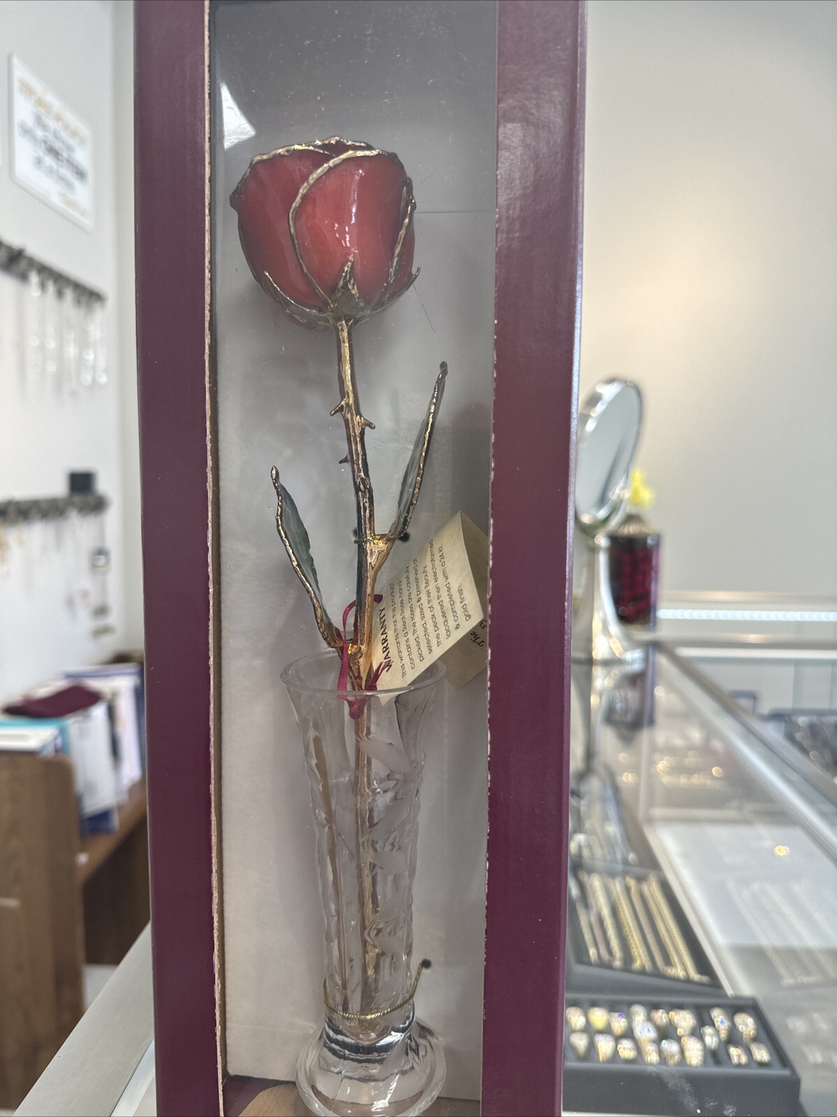 Real Rose Dipped 24K Gold with Crystal Glass Prism Bud Vase