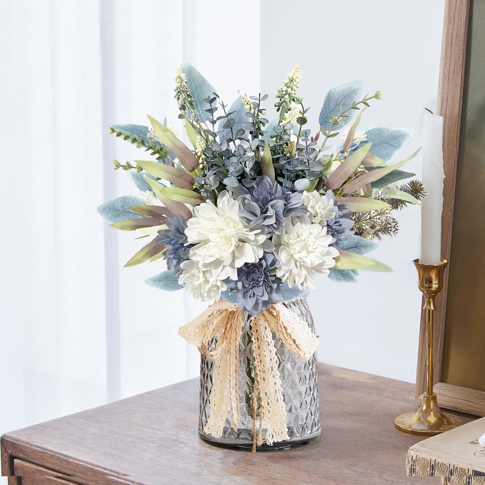Artificial Flowers Bouquet, Silk Flowers Blue Fake Flower Arrangement Decor