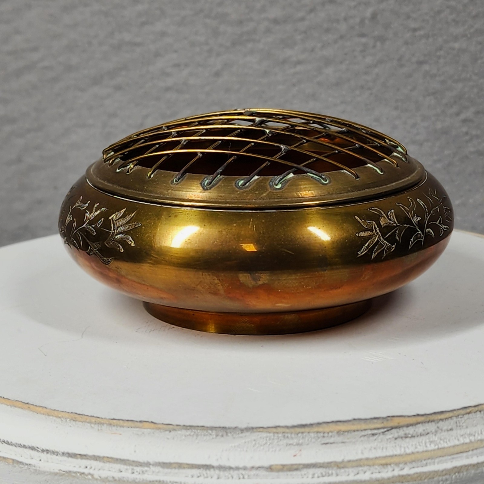 Vintage Brass Copper Flower Pot Frog Bowl 4in Gold Metal Engraved India 80s