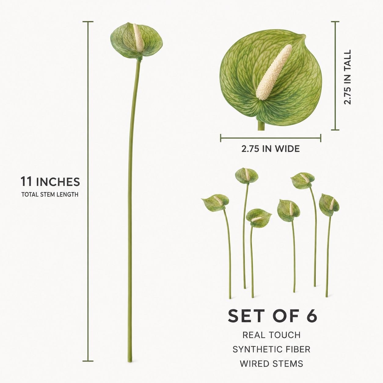 Soft Green Artificial Anthurium Stems, Set of 6, 11 Inch Real Touch Flowers