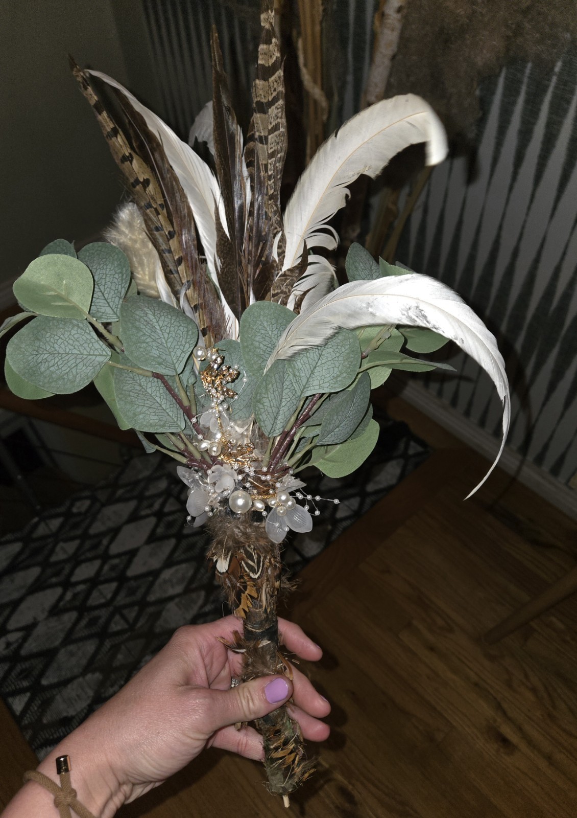 Boho Faux Eucalyptus & Feather Bouquet Rustic Pearl Floral Arrangement