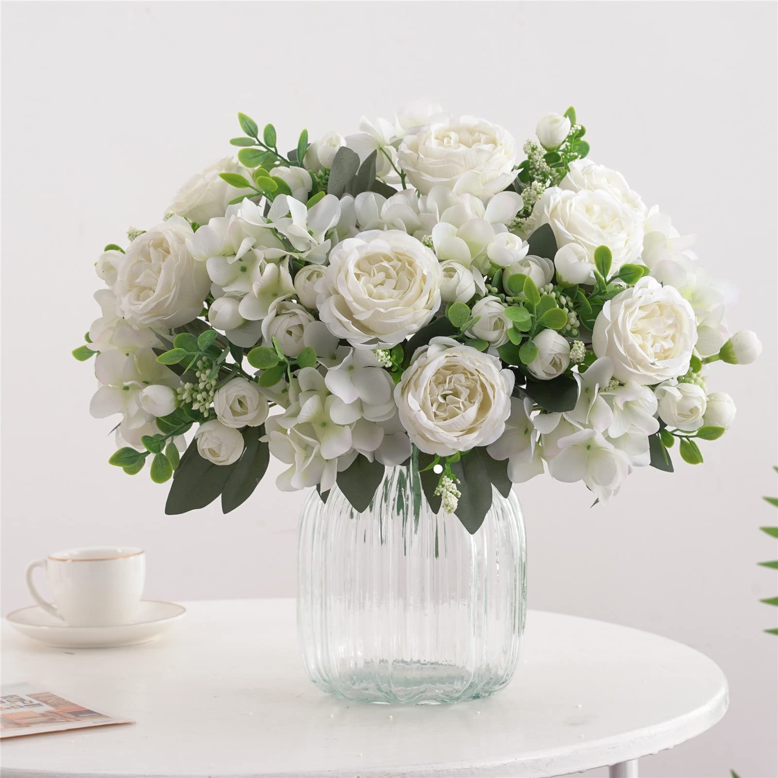 4 Bunches White Peonies Artificial Flowers Faux Roses Bouquet White Decor