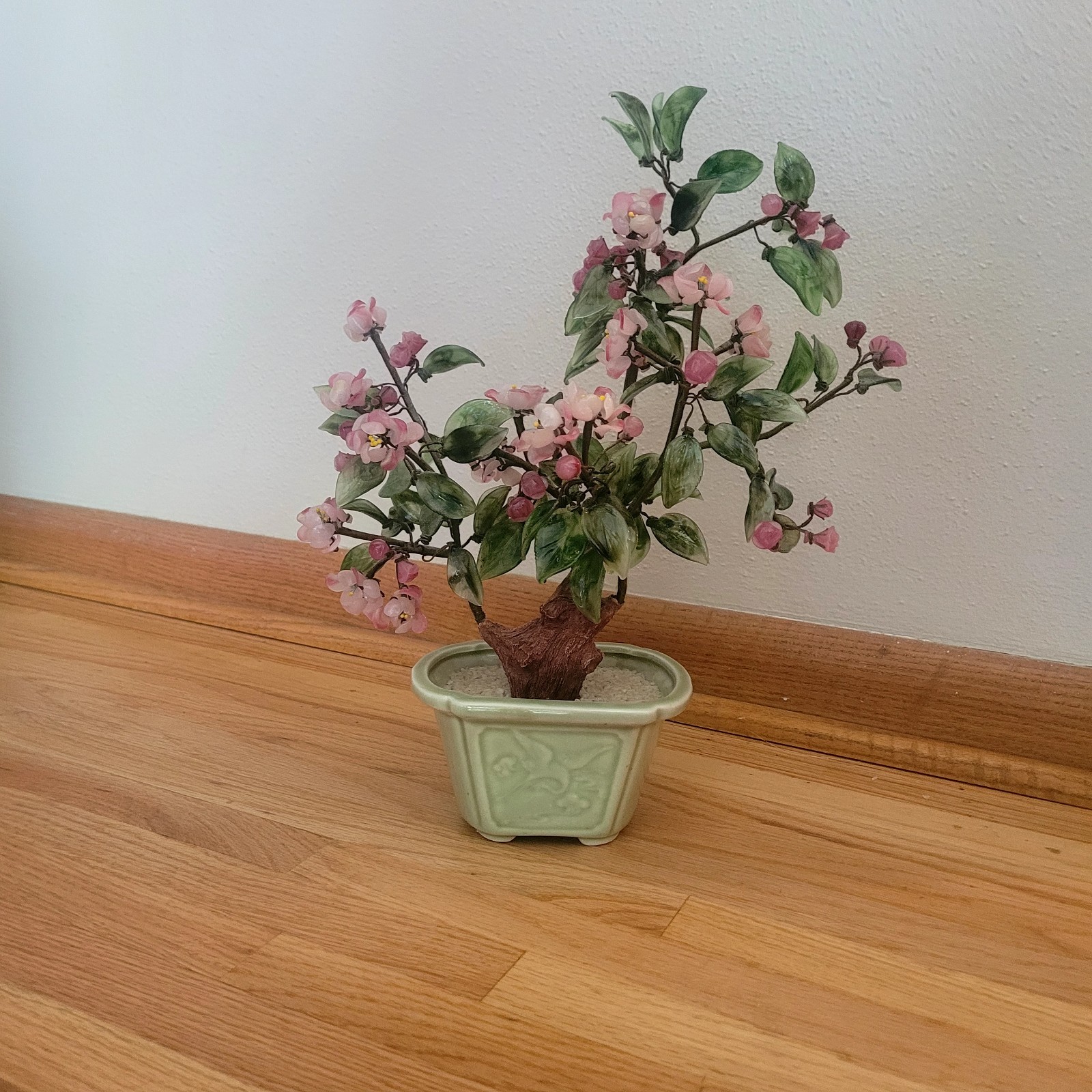 Vintage Chinese Glass Stone Jade Cherry Blossom Bonsai Tree Pink Flowers 14″