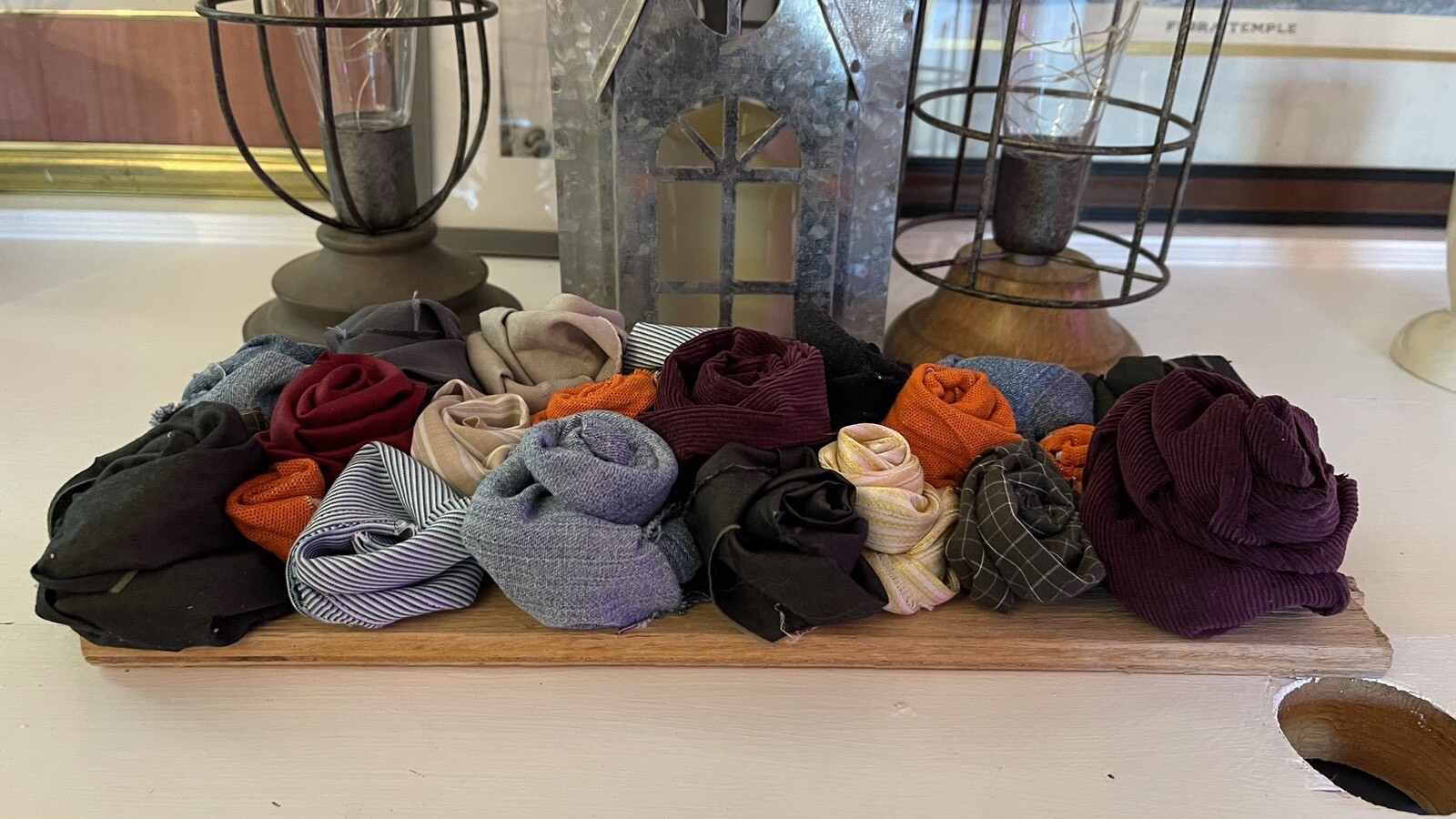 Handmade Decorative Shelf Sitter- Fabric Roses On wood 15 X 6