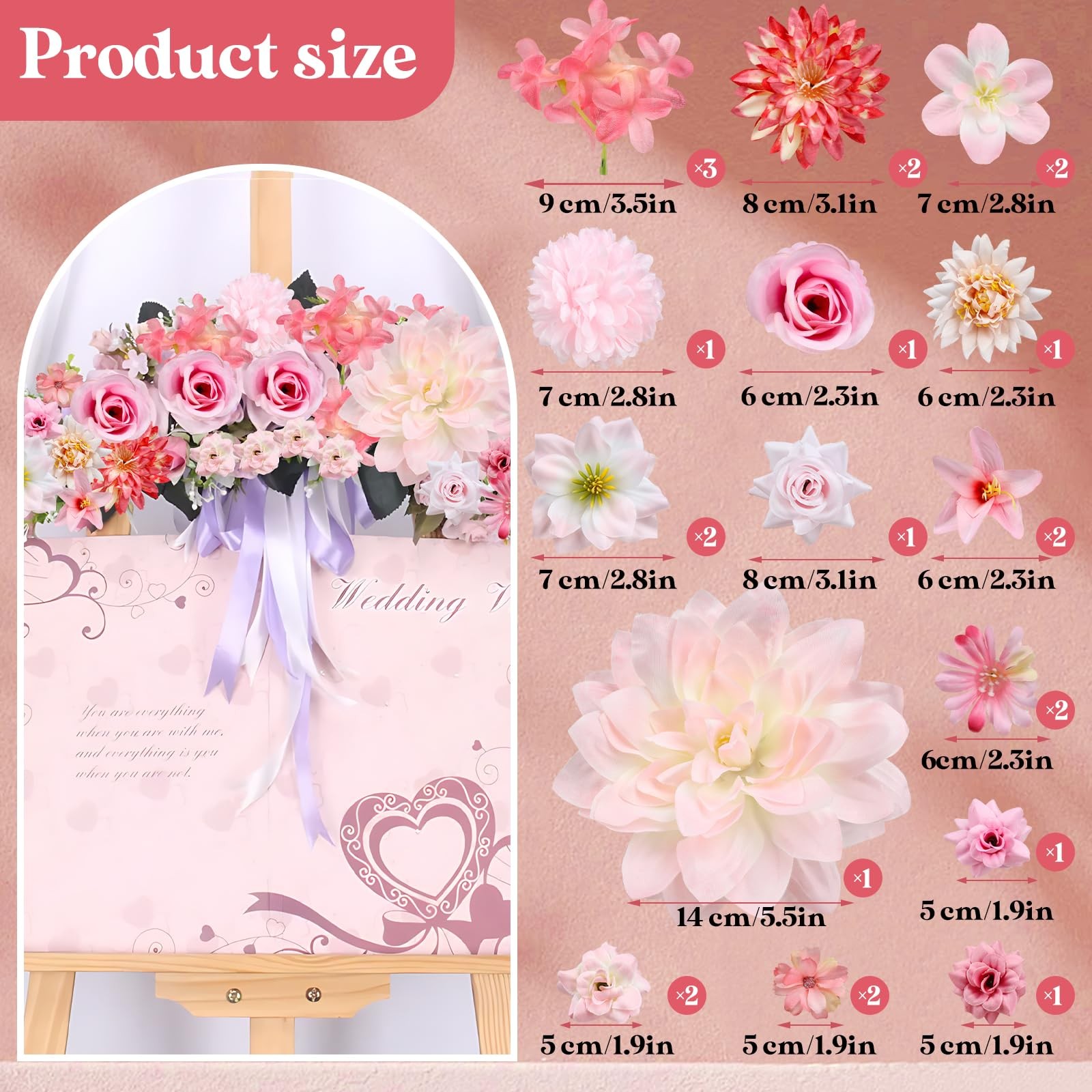 26 PCS Artificial Silk Floral Fake Flower Heads Pink Roses Peonies Daisy Decor