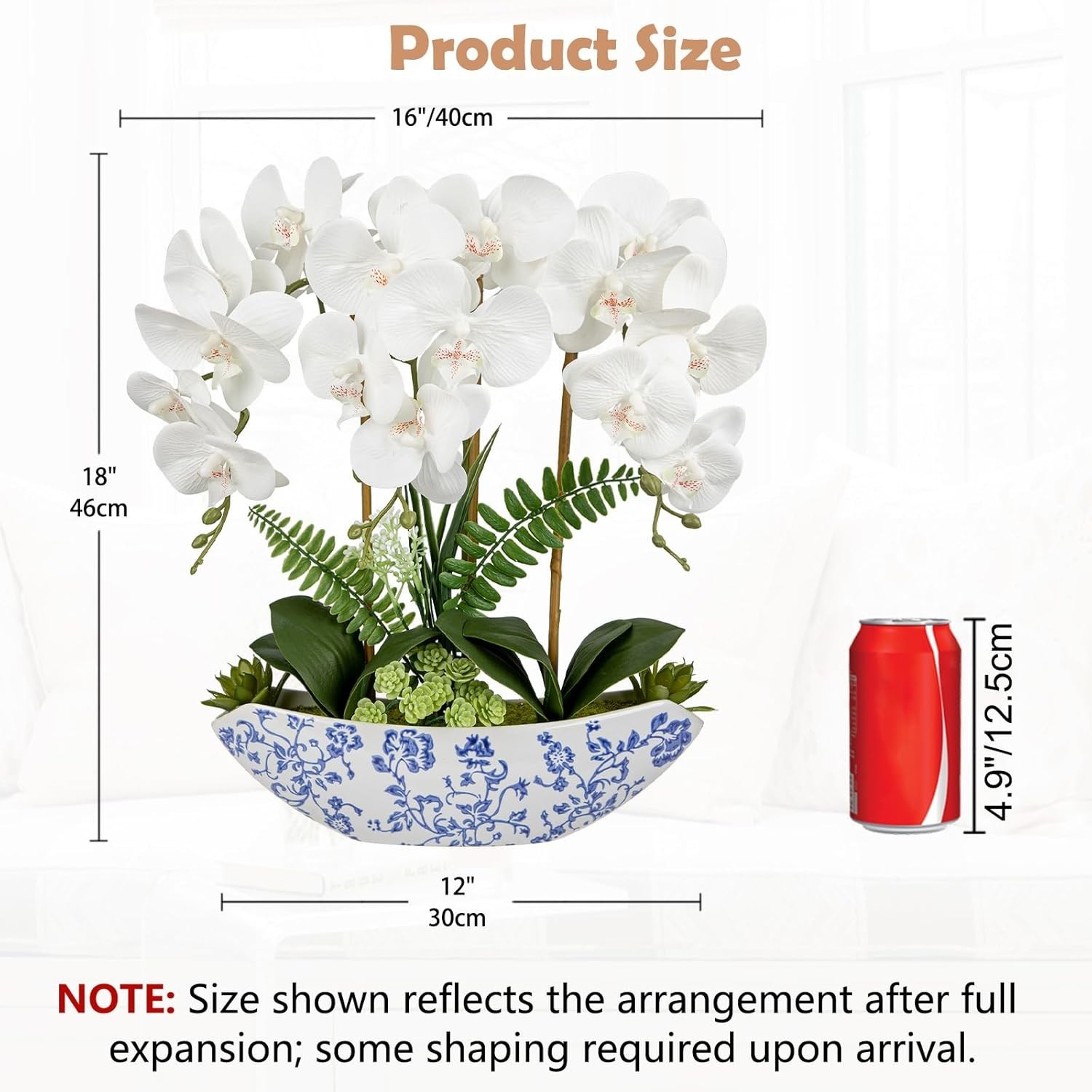 Lifelike 18in White Silk Orchid Centerpiece in Stylish Ceramic Vase for Any Room