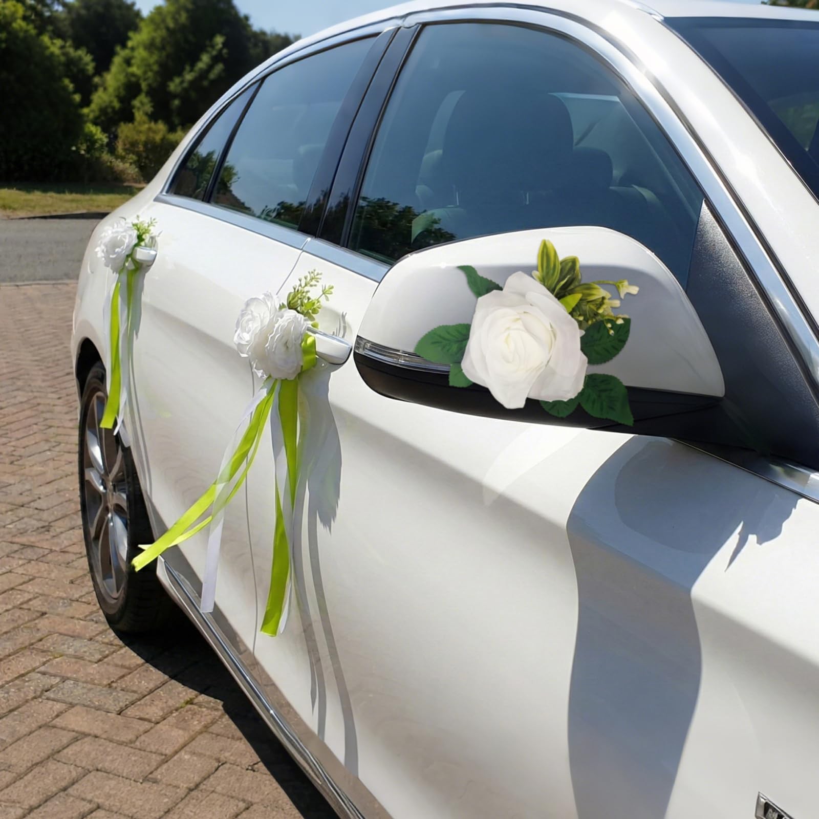 6 PCS White Rose Peony Wedding Car Decor Kit Floral Door Mirror Bows Green