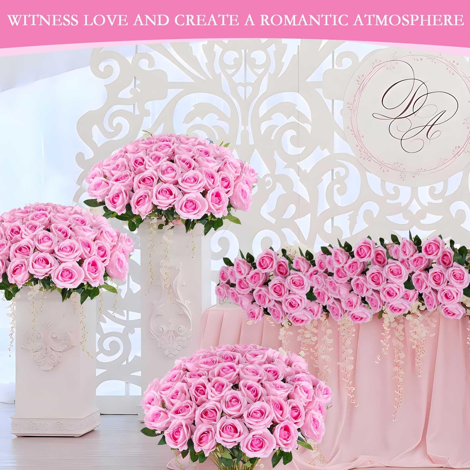 50 PCS Pink Artificial Roses Bulk Fake Silk Flowers For Wedding Centerpieces