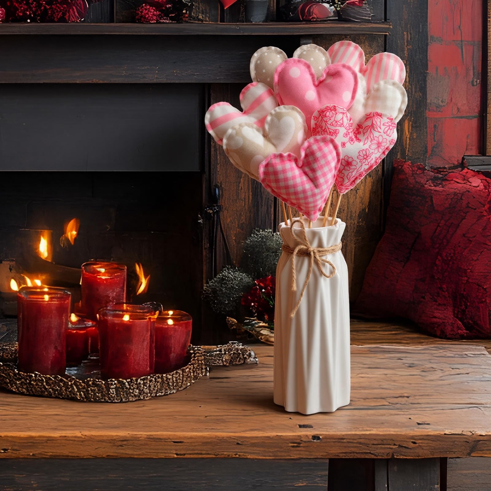 8 Pcs Valentine’s Day Heart Flower Picks Stuffed Fabric Heart on Sticks Plush…