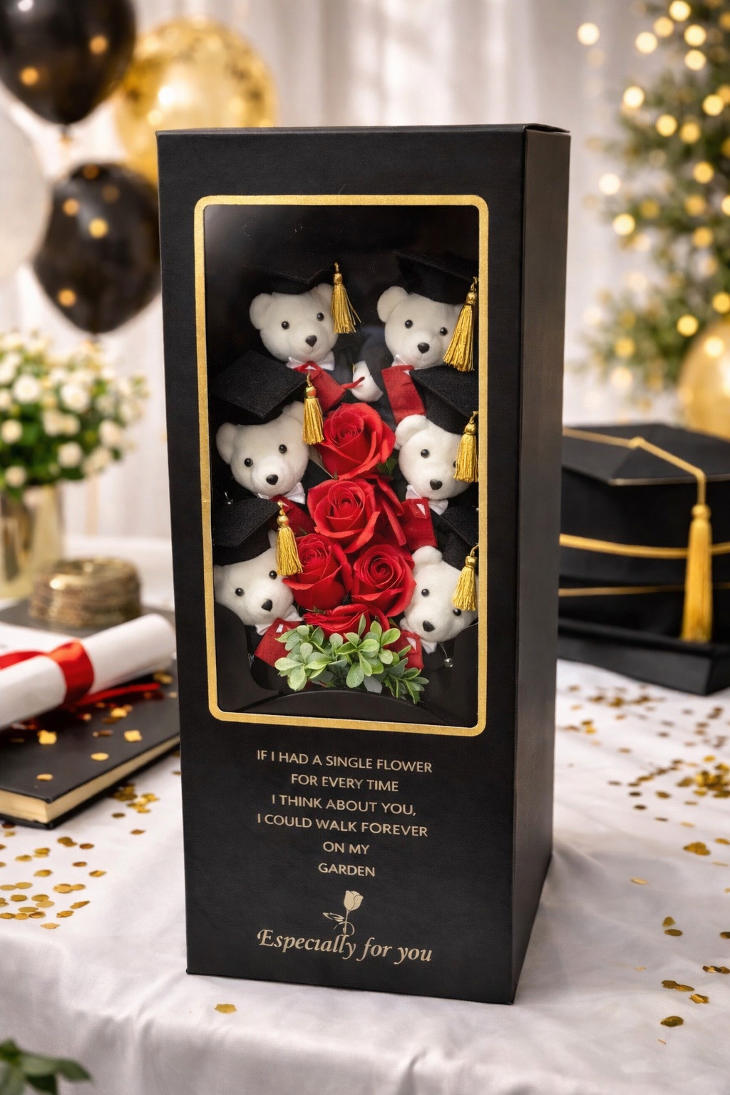 Graduation Teddy Bear Rose Bouquet with Gold Tassel Elegant Keepsake Gift