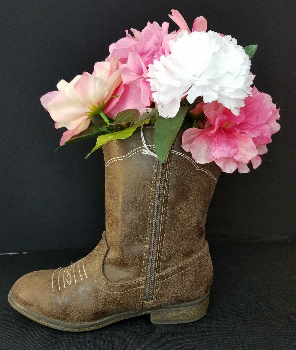 Pink Flowers In Cowboy Boots Handmade Original By Andrea Floral Décor B16-370