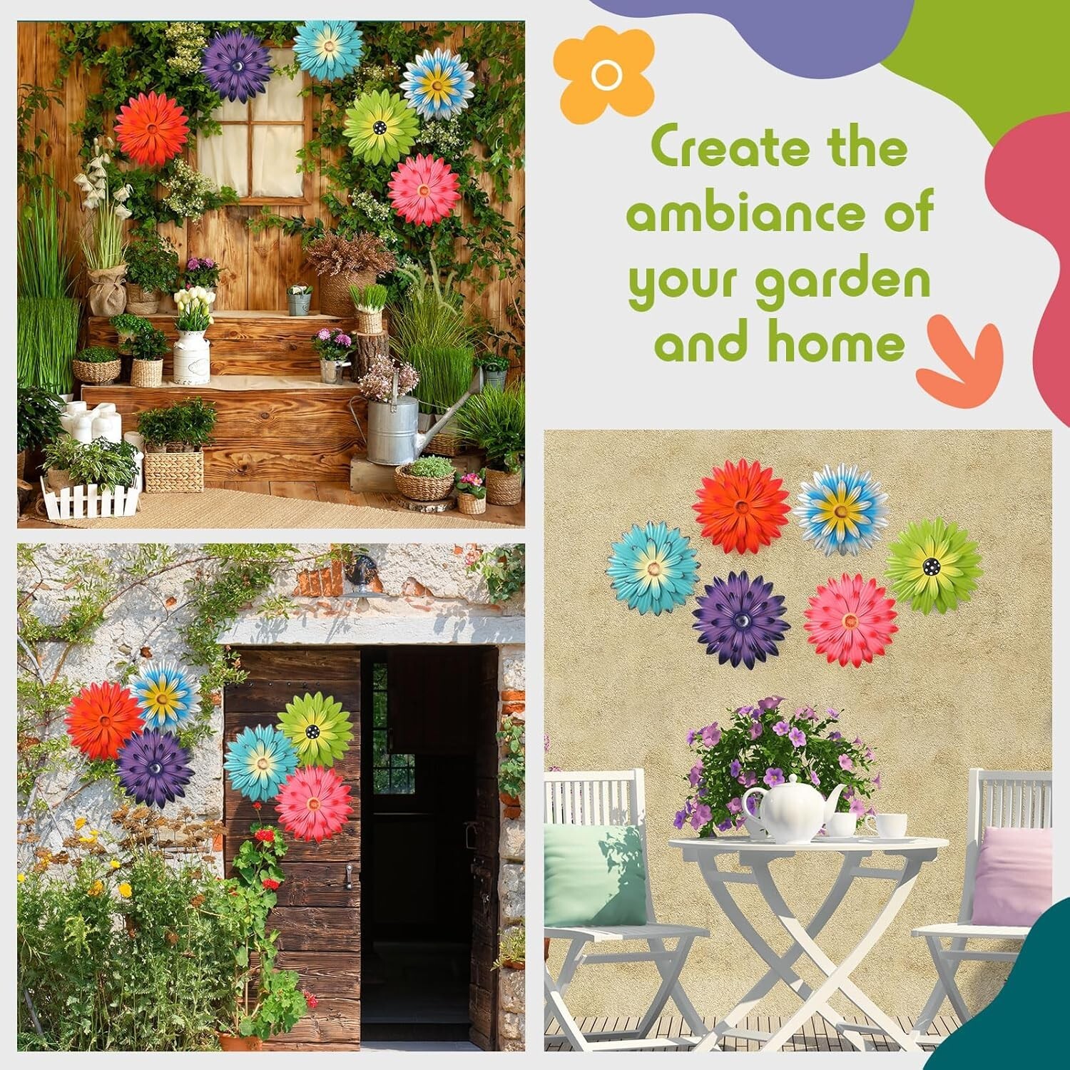 6 piezas de flores de metal para decoración de pared, girasoles, colgantes para