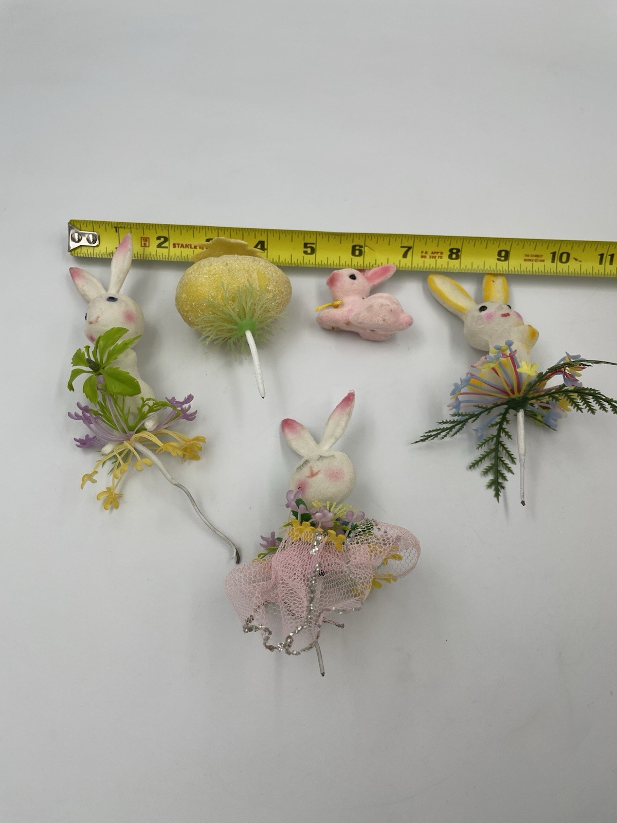 5 VTG Lot Flocked Easter Bunny Rabbit, Egg, Floral Pick Plastic Decoration A20