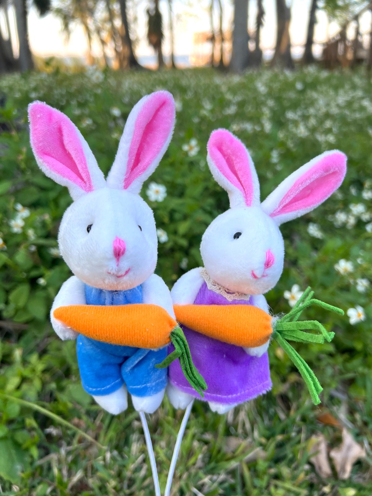 Velvet Bunny Rabbit W/ Carrot Plush Picks Easter Decor Holiday Supplies Set of 2