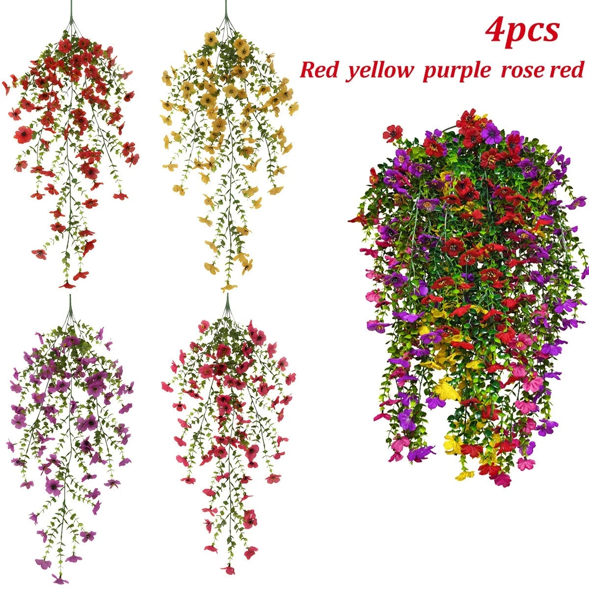 4 Pcs Artificial Hanging Flowers UV Resistant Outdoor Garden Silk Plants
