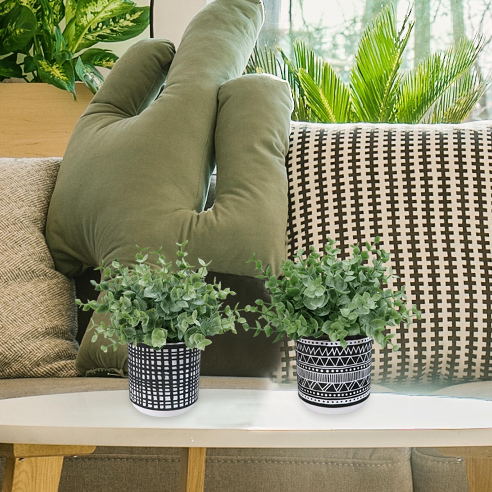Set of 2 Small Potted Plants Artificial Eucalyptus Plant in Black Geometric C…