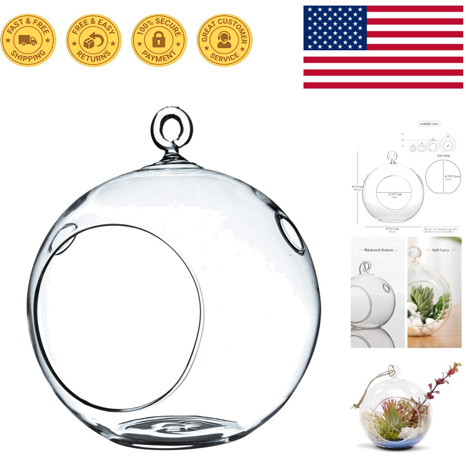 Elegant DIY Hanging Terrarium Globe – 6″ Glass Vase for Indoor or Outdoor Decor
