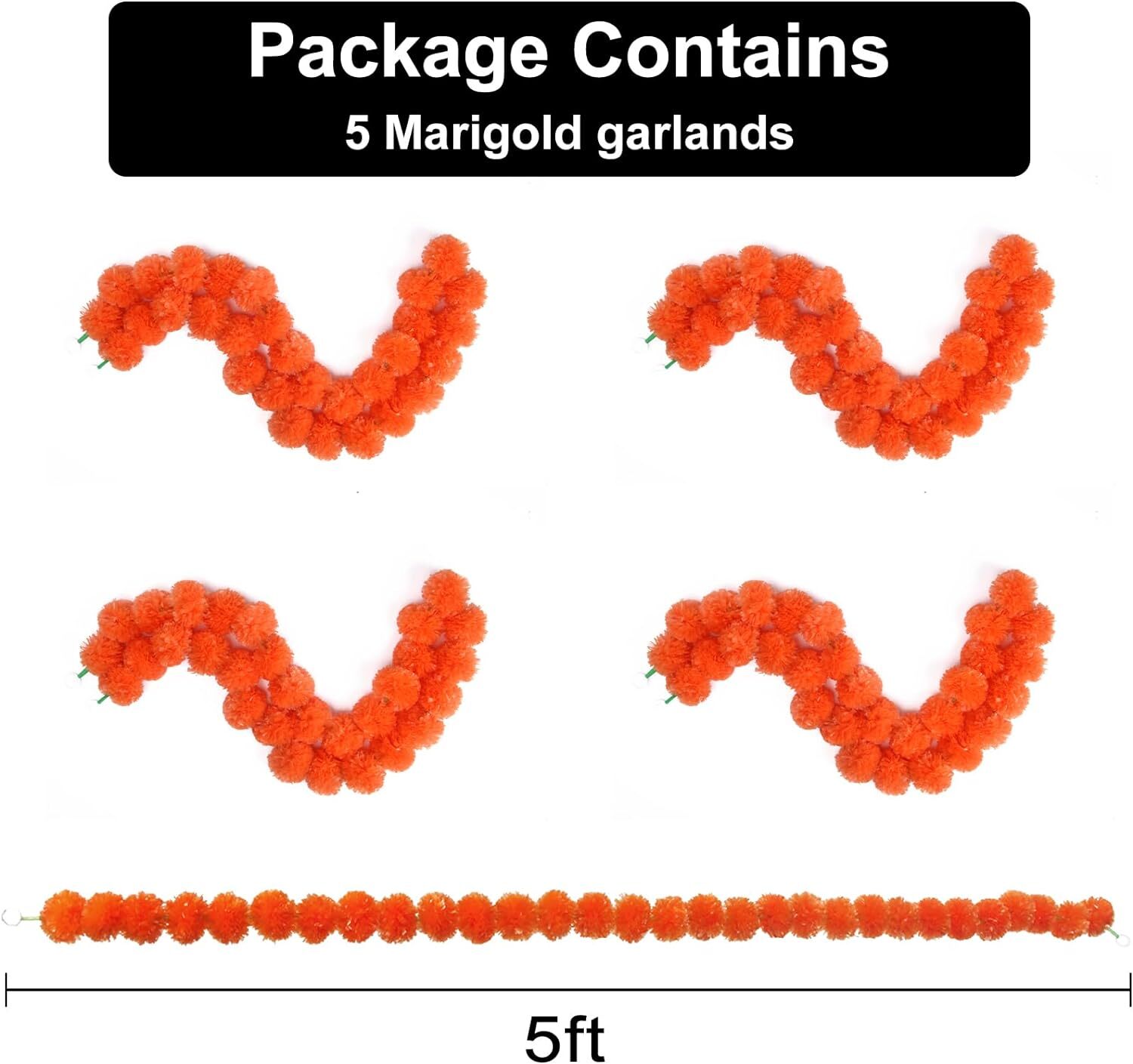 5/10/15/20 Pack Marigold Flower Garland for Dia de Muertos Diwali Pooja Mehndi