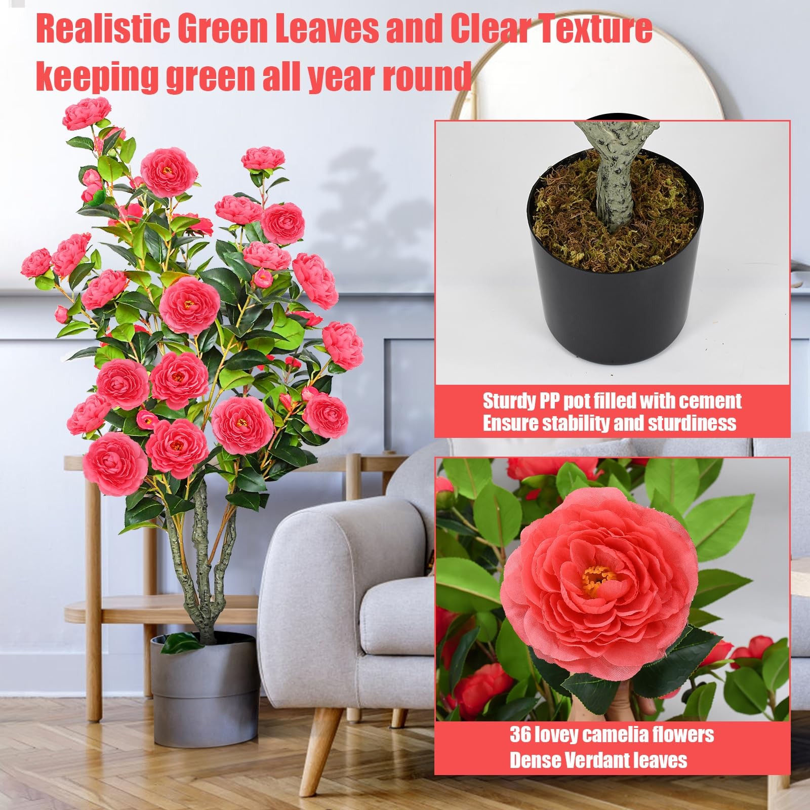 2 Pack 42″ Fake Tree Rose Pink Artificial Camellia Tree with 36 Blooming Flow…