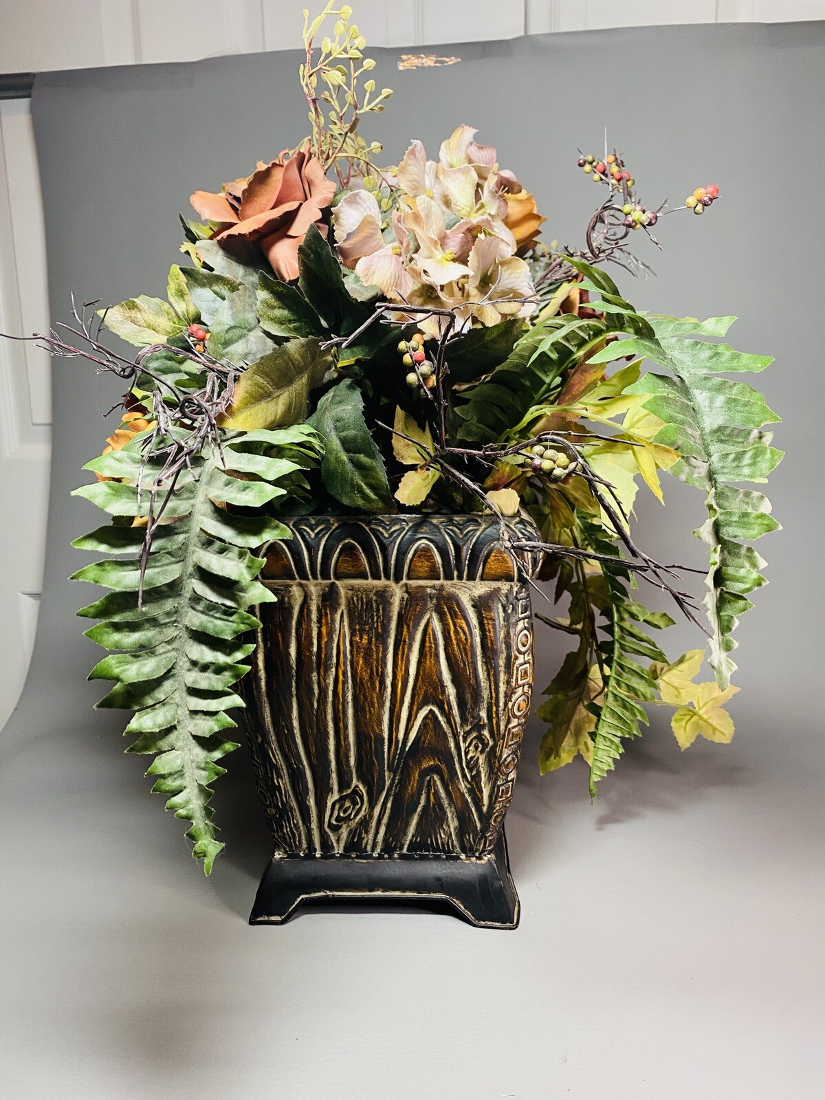 Autumn Silk Flower Foliage Arrangement Décor in Metal Planter 20″ Tall Fall Hues
