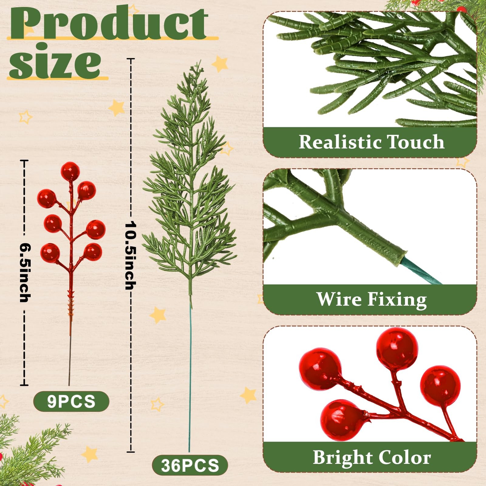 45PCS Artificial Christmas Pine Branches with Red Berry Stems