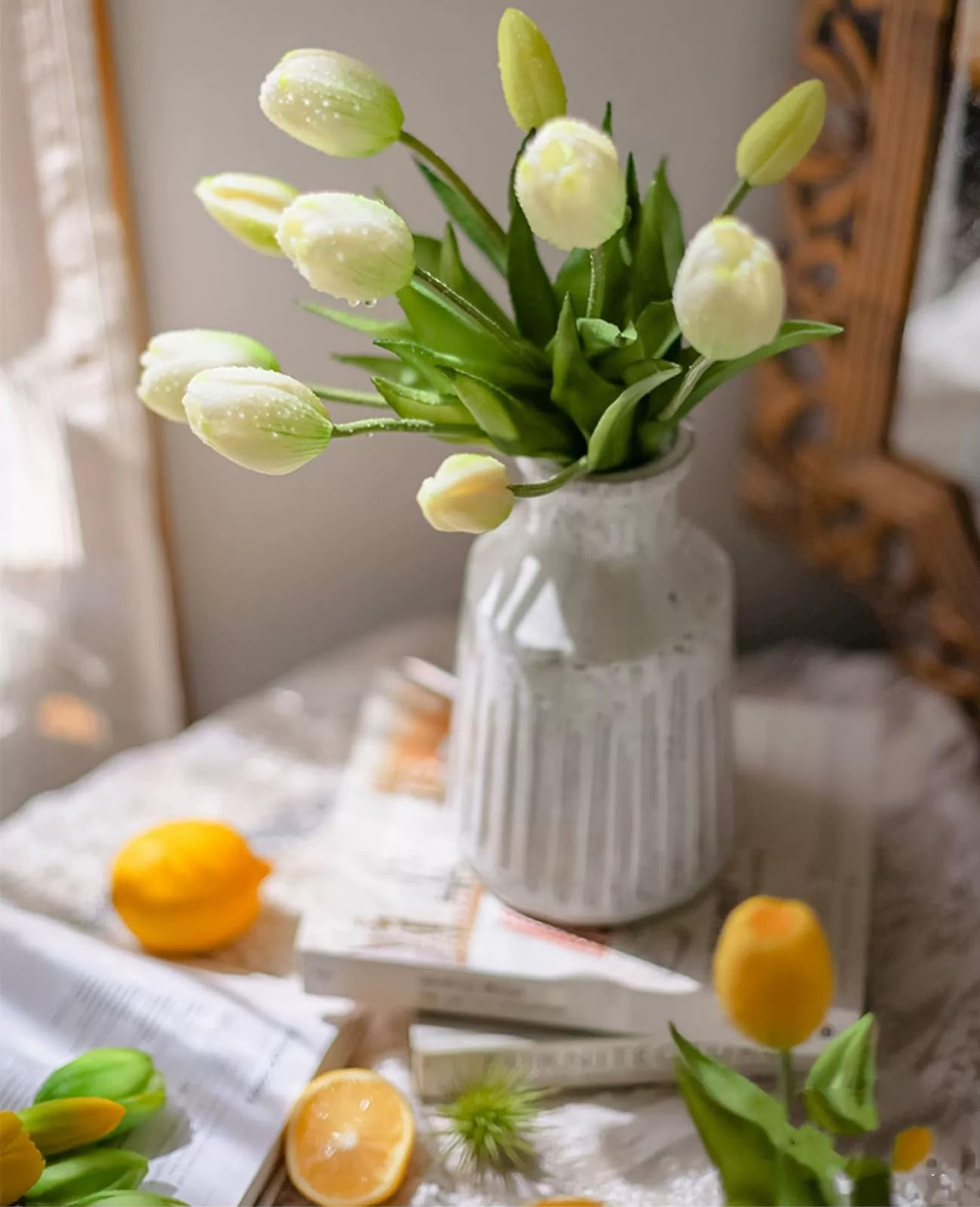 15 PCS White Tulips Artificial Flowers Real Touch Latex Bouquet Centerpiece