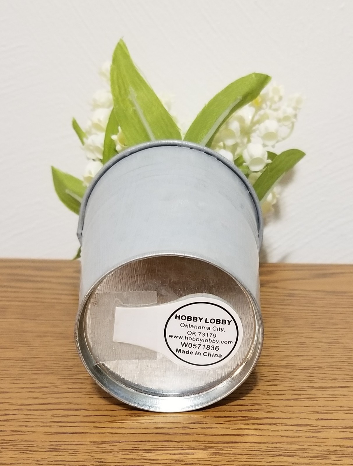 Lily of the Valley 8″ tall, white bell flowers, silver metal pot, Hobby Lobby