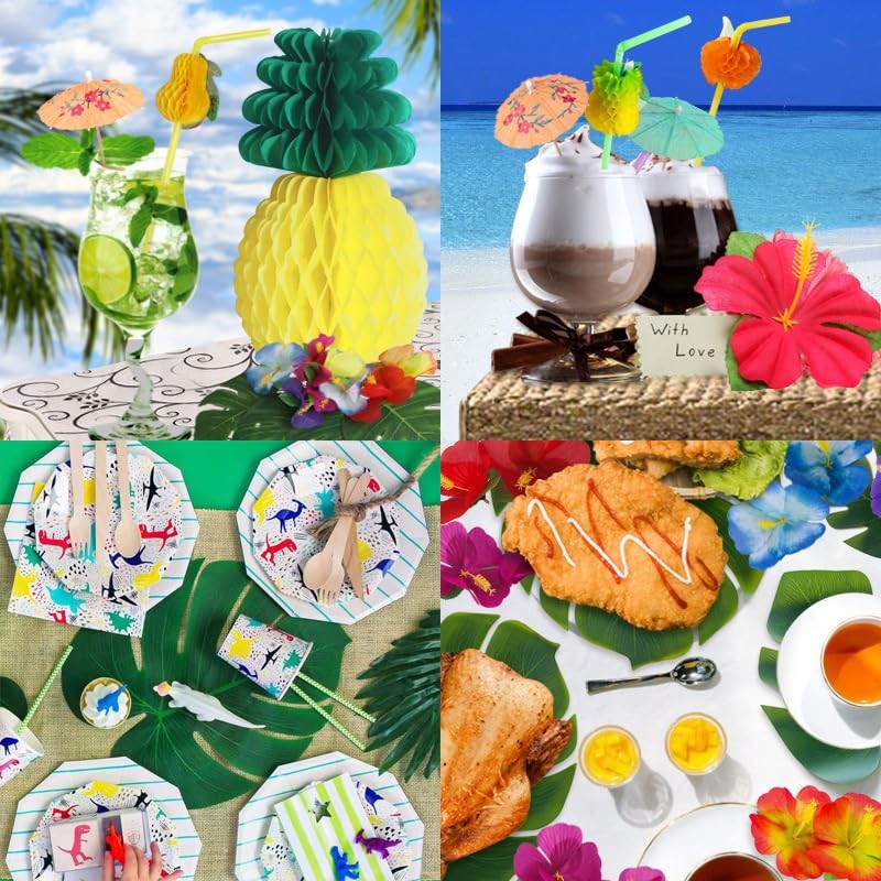 105Pack Artificial Palm Leaves Hibiscus Flowers Tropical Party Decorations Su…