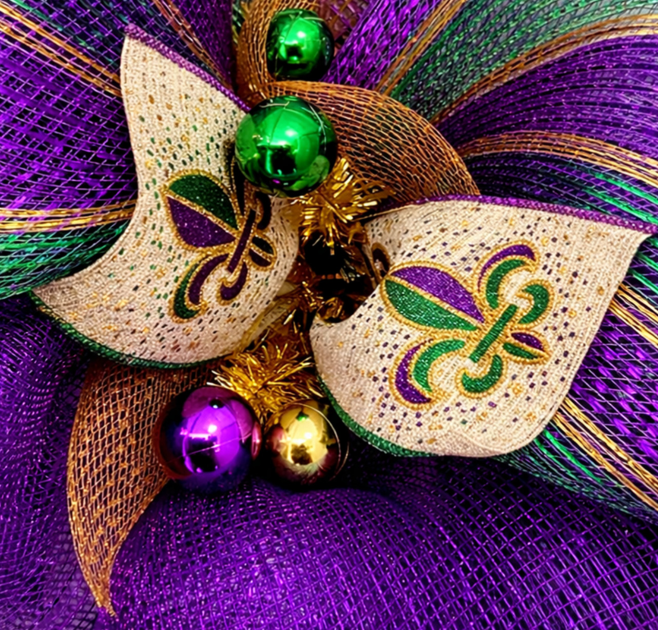 Mardi Gras Wreath Extra Large With Venetian Mask and Fleur De Lis Handmade Deco