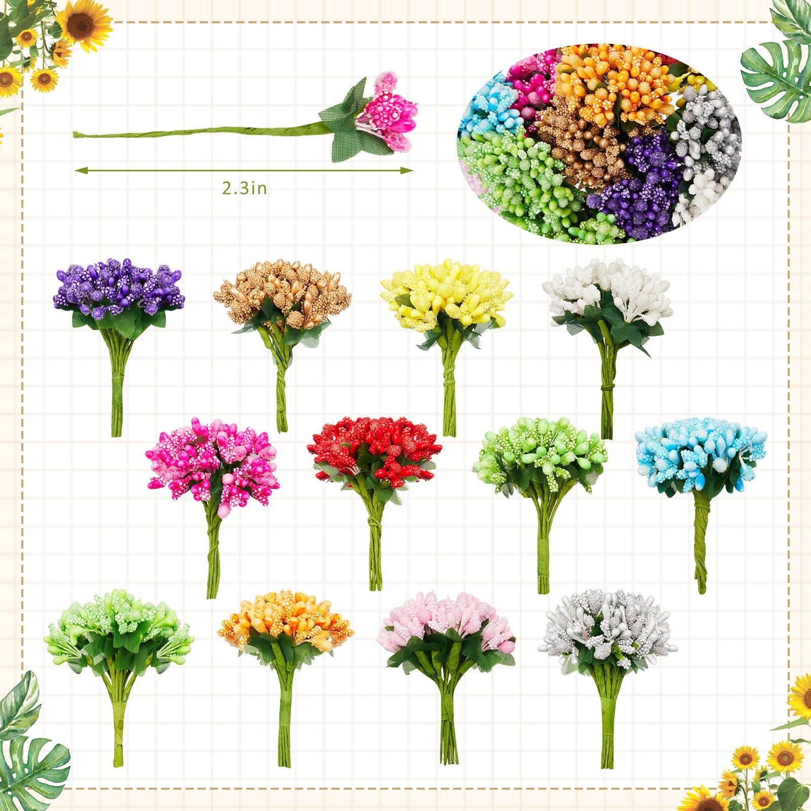 144 Pcs Artificial Mini Flower Stamen Pistil and Soft Stem, 20mm Tiny Berry f…