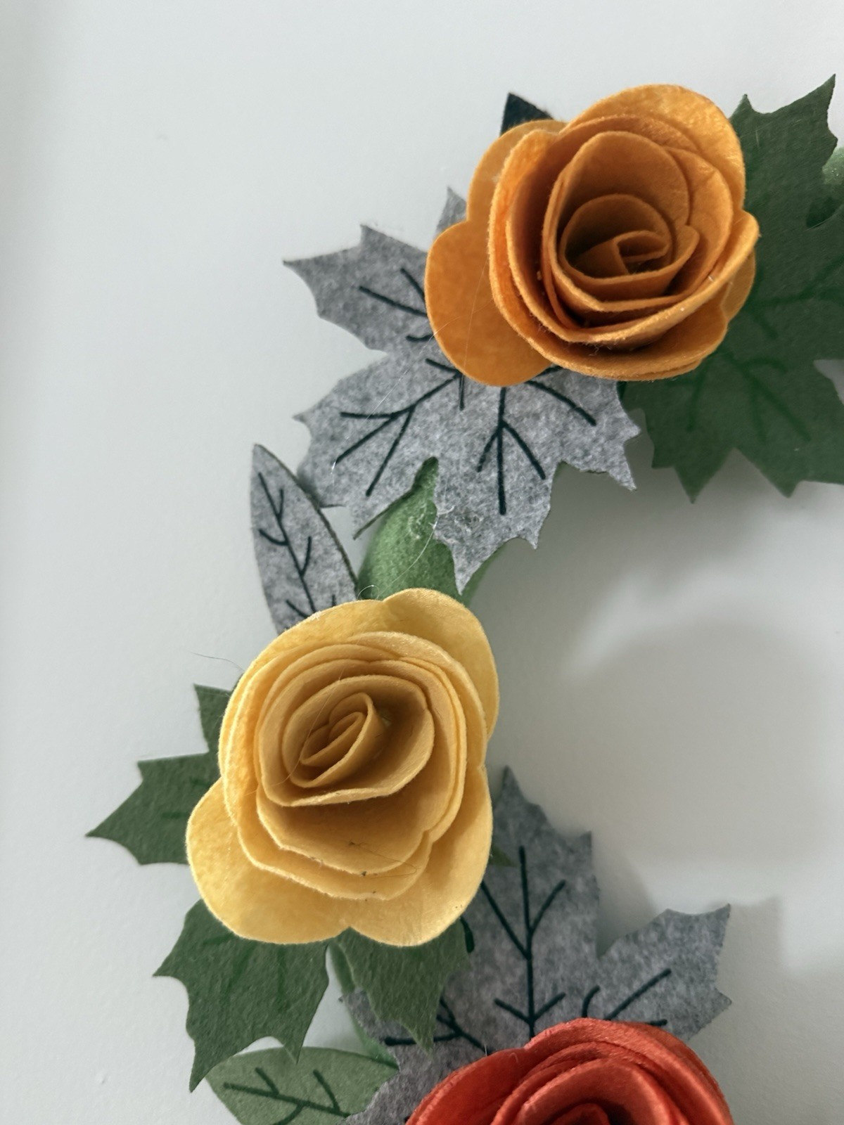 Handmade Felt Roses & Leaves Wreath Approx 18” Round Orange Yellow Peach Greens