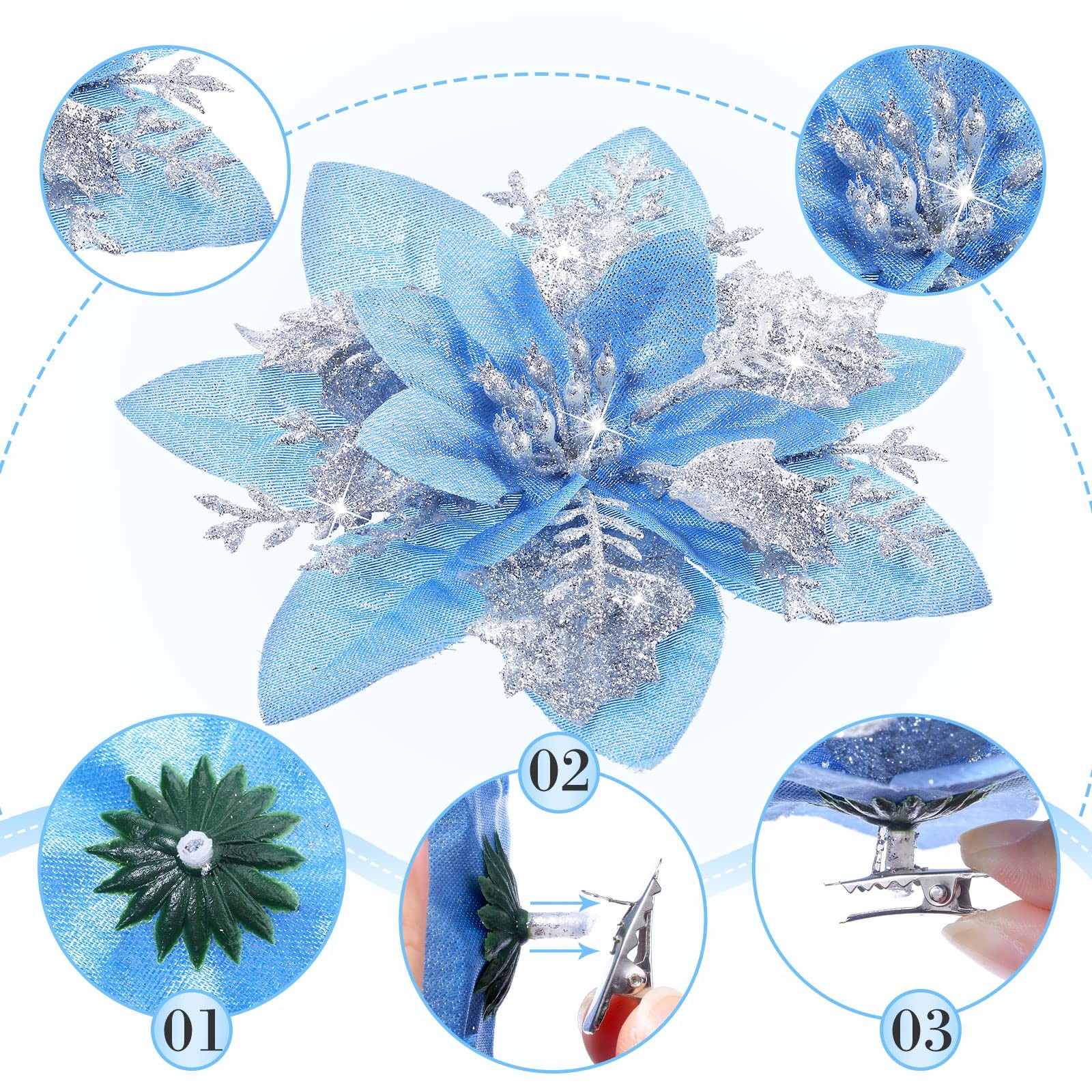 36 Pcs Christmas Glitter Artificial Poinsettia Flowers Xmas Poinsettia Artifi…