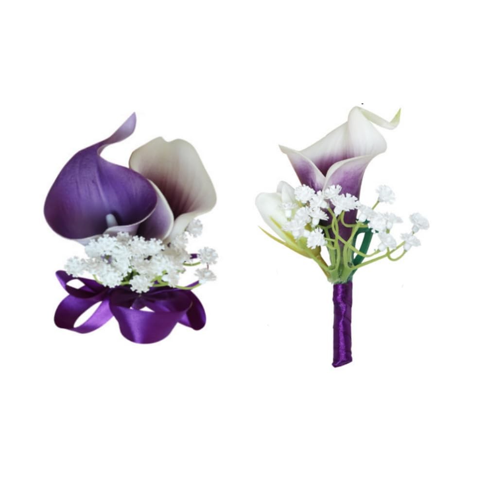 2 Set Purple Artificial Flower Calla Lily Flowers Corsage and Boutonniere for…